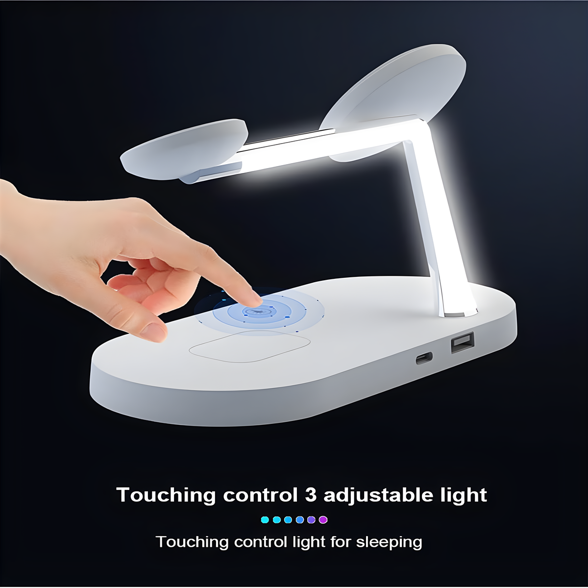 Berührungsgesteuerte Schreibtischlampe mit einstellbarem Licht. Eine Hand berührt das Bedienfeld. Blaues Licht.