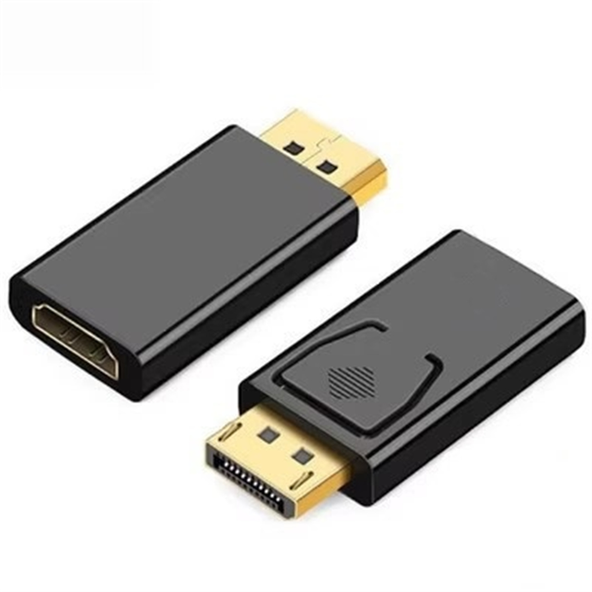 Zwei schwarze HDMI-zu-DisplayPort-Adapter mit goldfarbenen Anschlüssen, vor weißem Hintergrund.