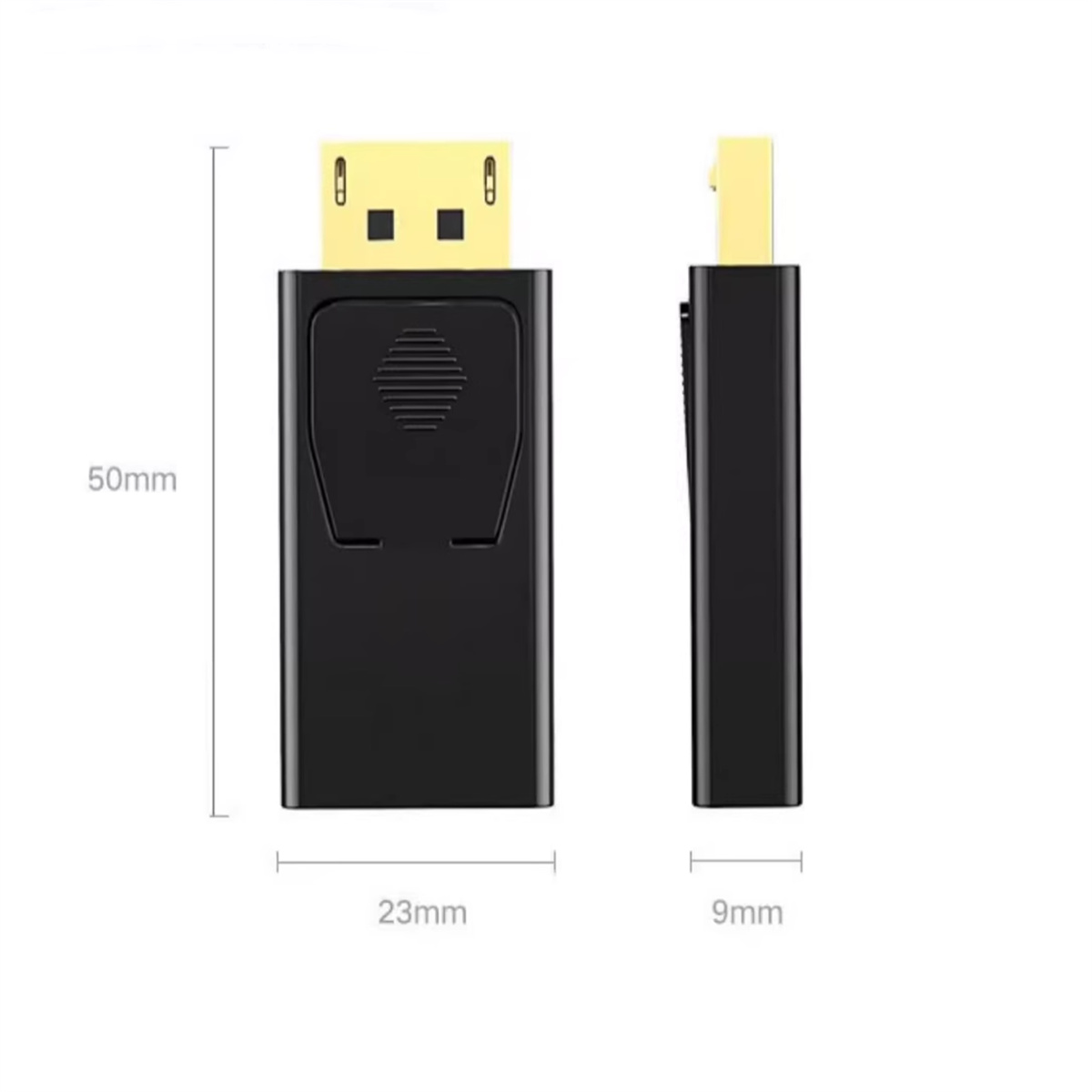 Schwarzer und goldener DisplayPort-Adapter. Die Abmessungen sind 50 mm x 23 mm x 9 mm. Weißer Hintergrund.