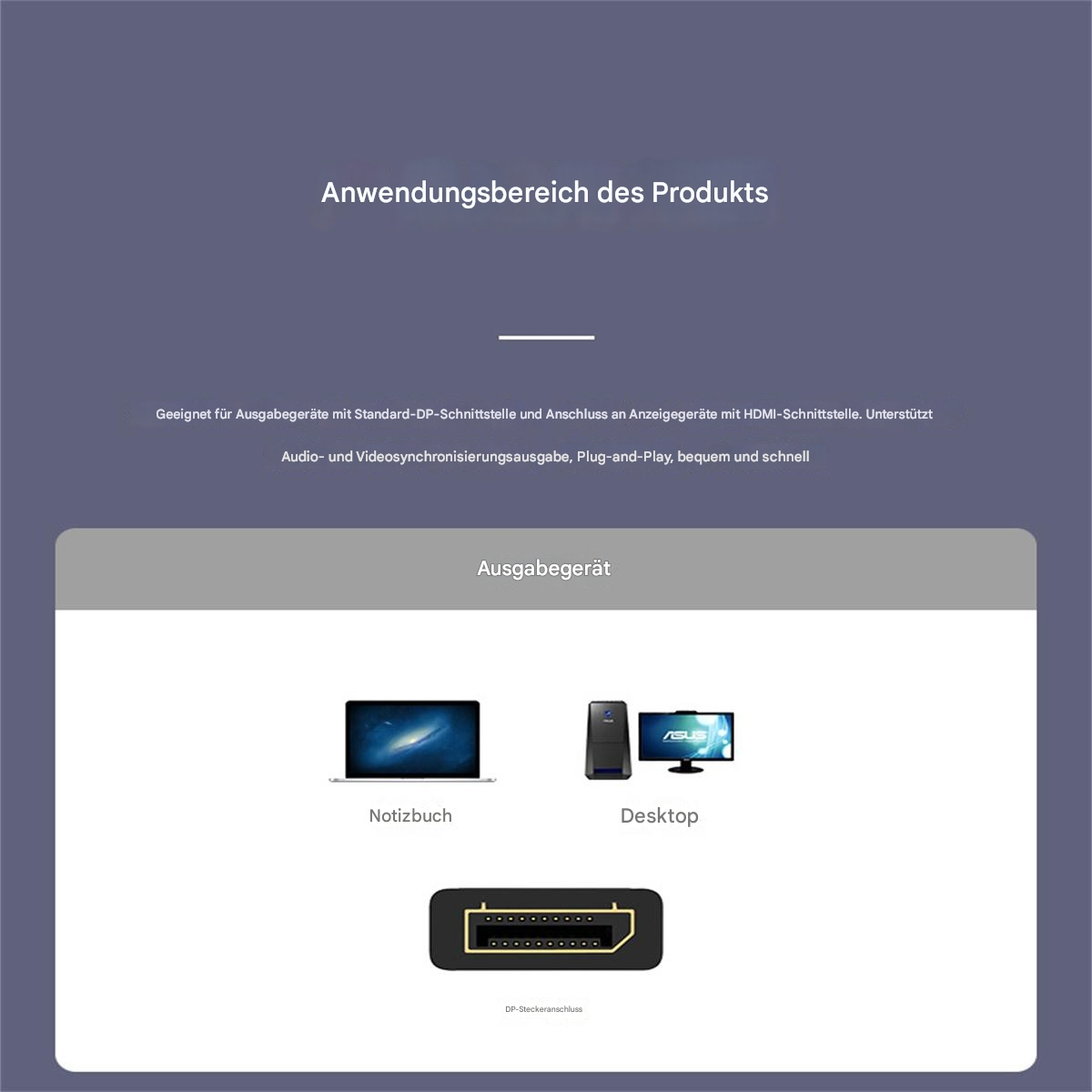 Diagramm, das den Anwendungsbereich des Produkts zeigt, mit Laptop-, Desktop- und HDMI-Anschluss-Symbolen.
