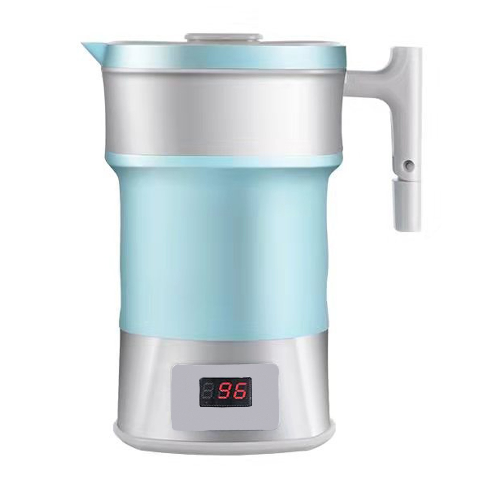 Ein blauer und silberner, zusammenklappbarer elektrischer Wasserkocher mit Digitalanzeige.
