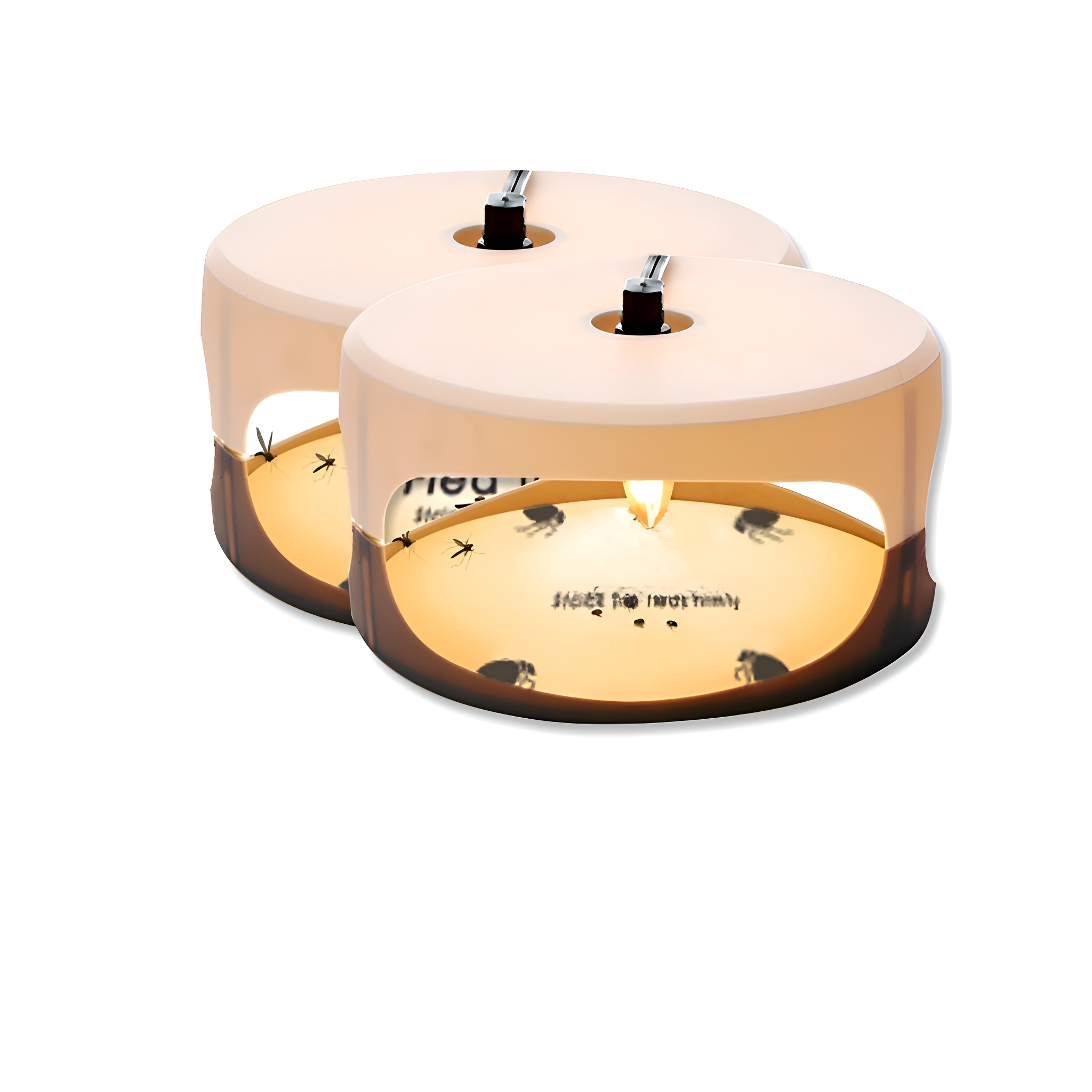 Zwei beige-braune elektrische Moskitofallen auf weißem Hintergrund.