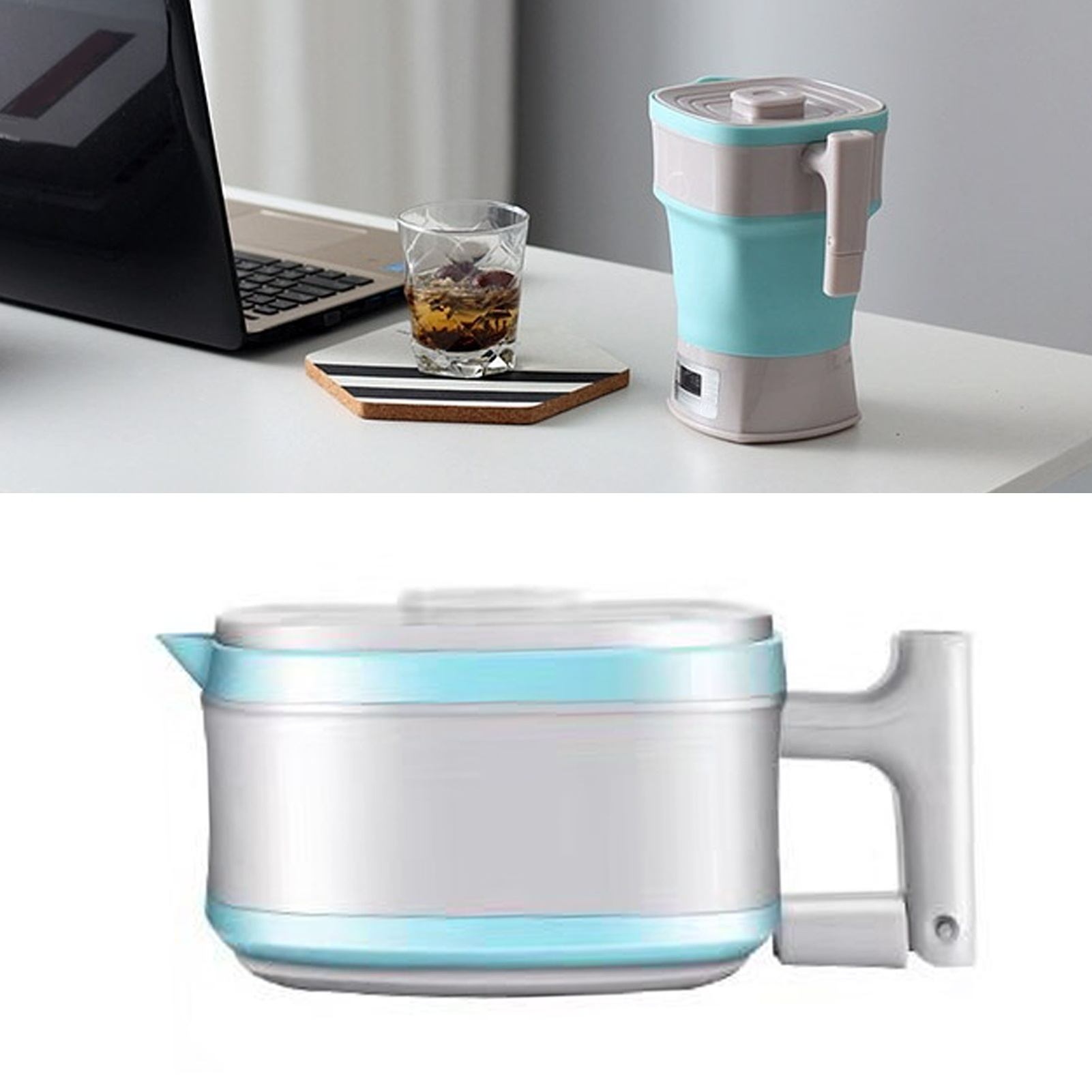 Zusammenklappbarer türkisfarbener und grauer Wasserkocher. Ein klares Glas mit Flüssigkeit und ein Laptop auf einer weißen Oberfläche.