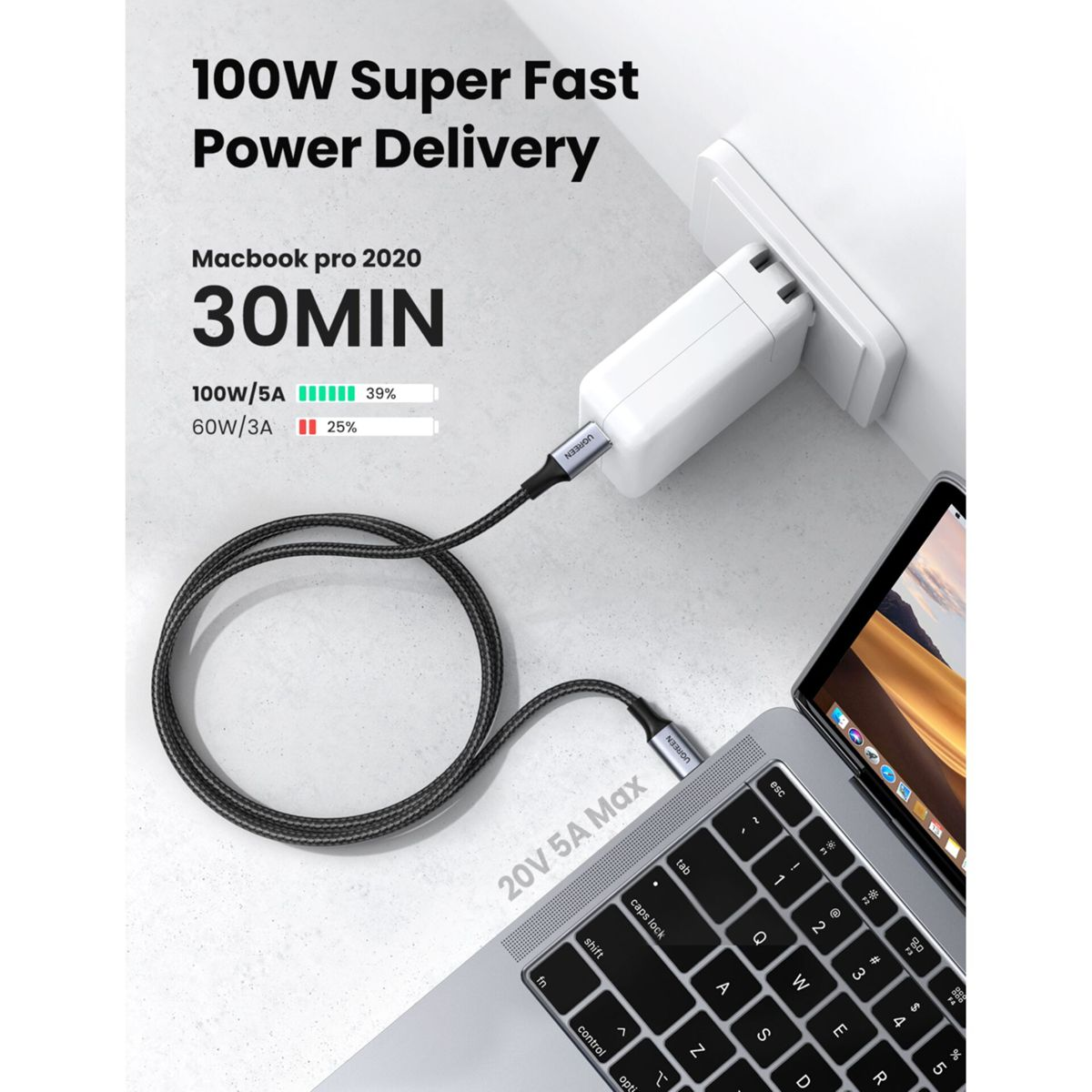 Een laptop die oplaadt met een UGREEN-kabel en oplader, met een oplaadpercentage van 39% in 30 minuten.