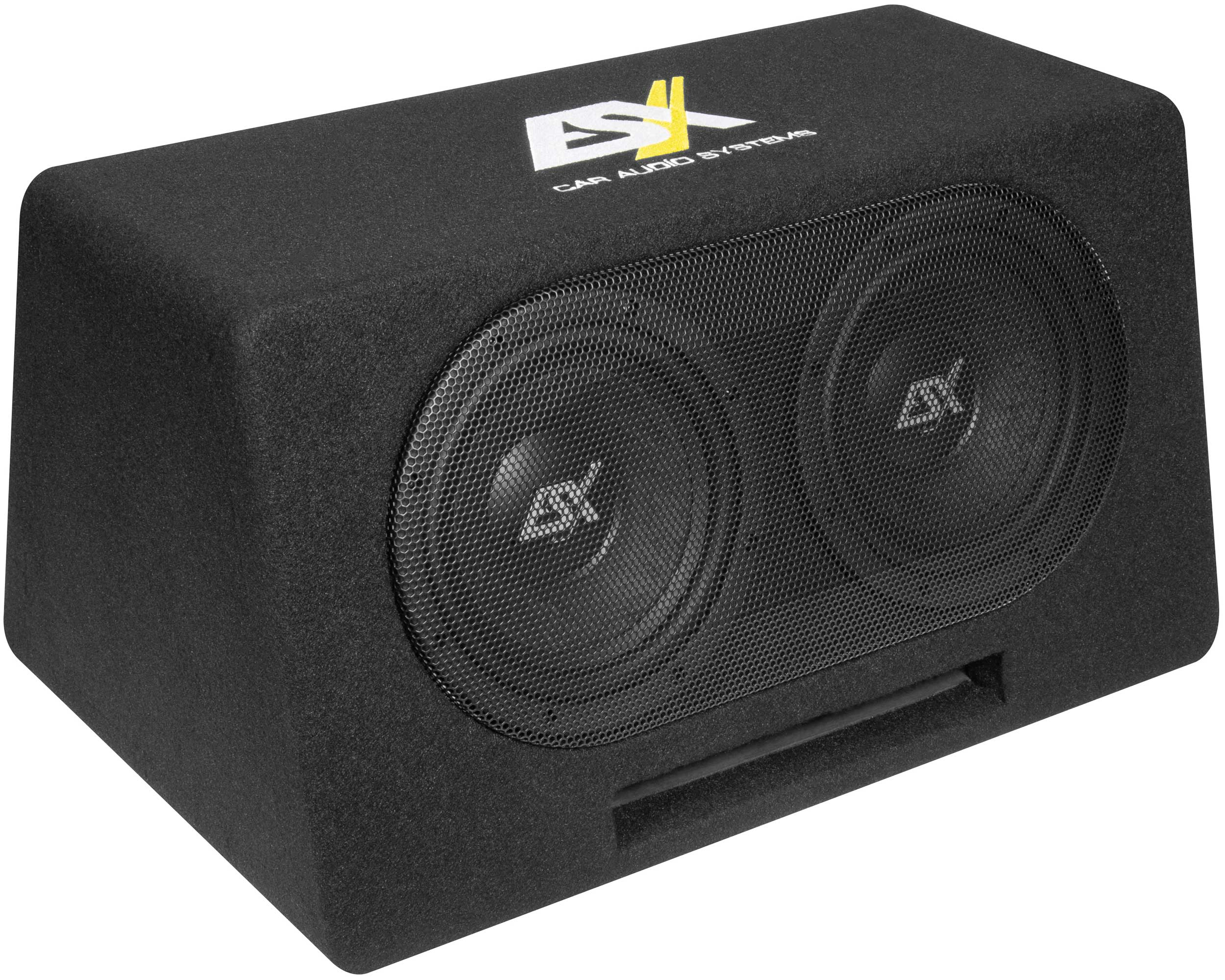 Schwarzer Auto-Subwoofer mit Doppel-Lautsprechern, Netzabdeckungen und Logo. Der Hintergrund ist schlicht.