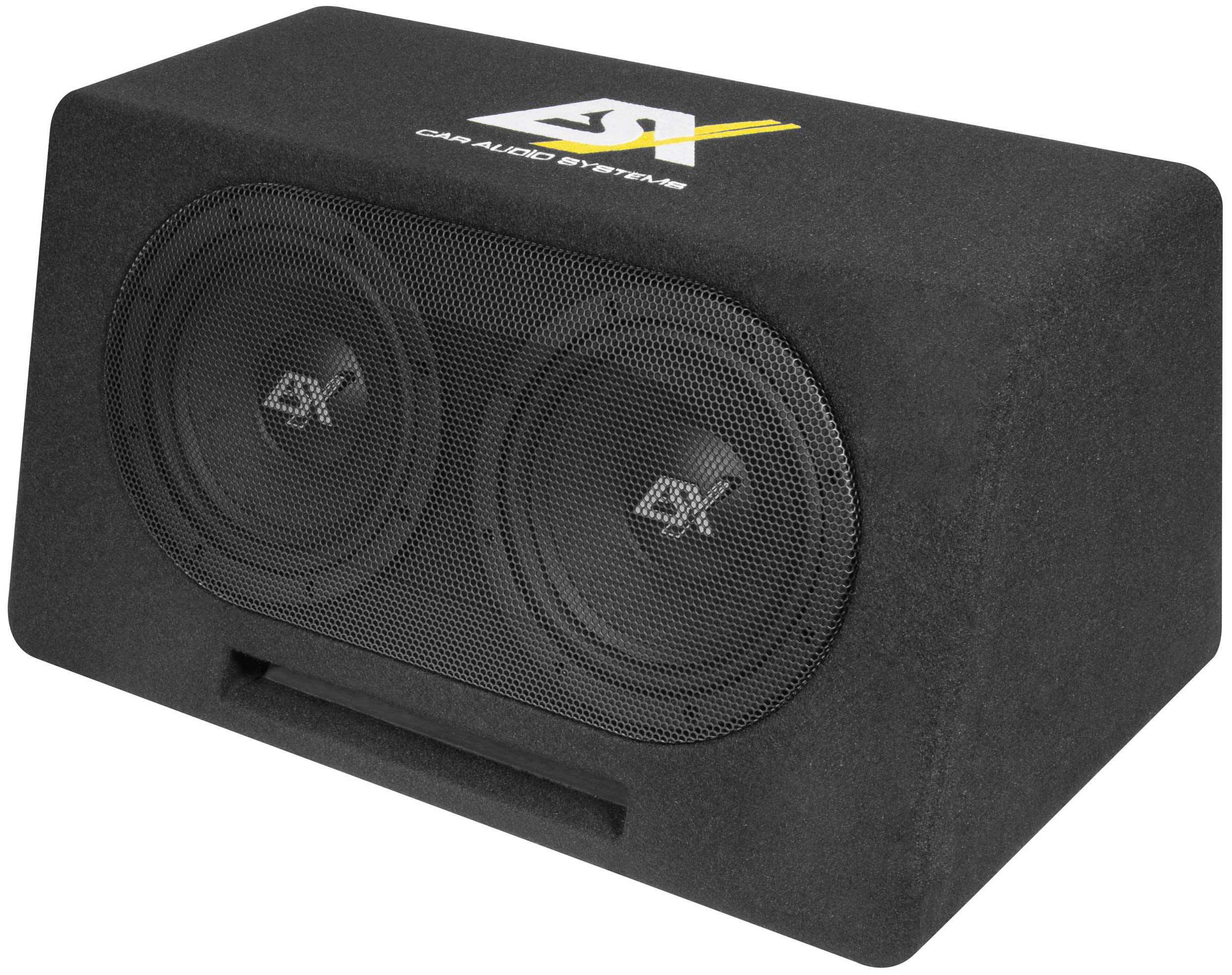 Schwarzer Subwoofer mit zwei Lautsprechern hinter einem Mesh-Gitter, in einem rechteckigen Gehäuse.