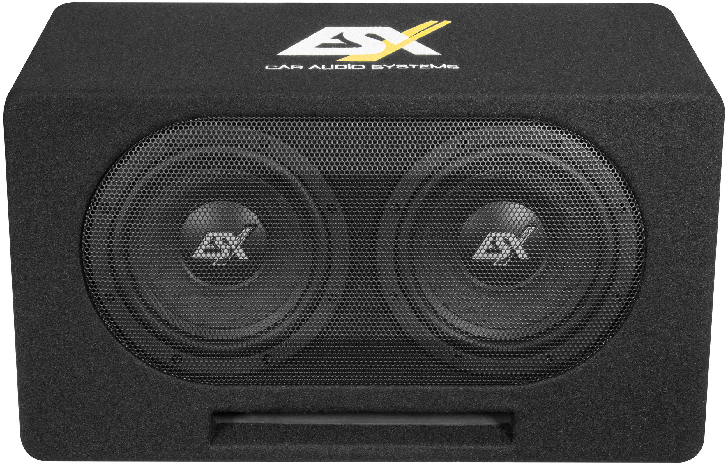 Ein schwarzer Auto-Subwoofer mit zwei Lautsprechern hinter einem Gitter.