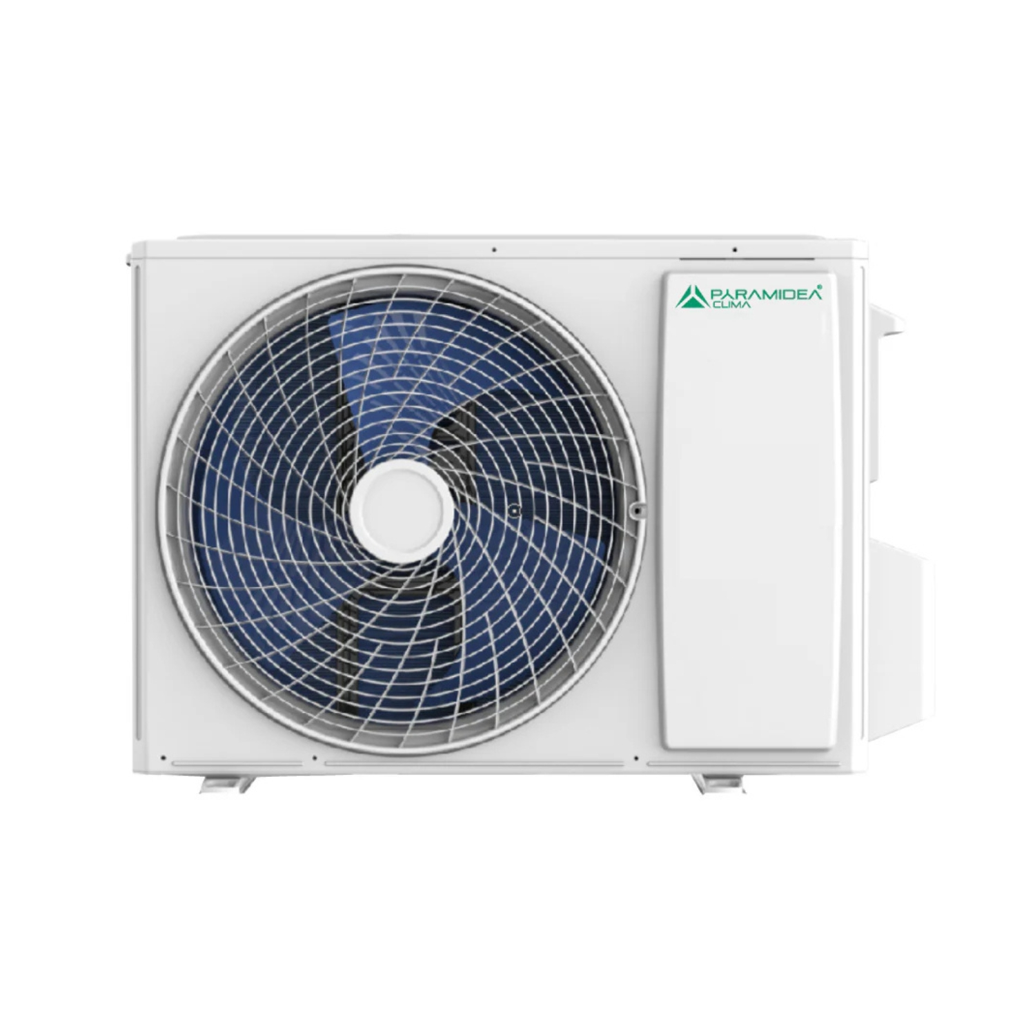 Condizionatore Paramidea bianco. Ventola circolare con pale blu, corpo bianco. Logo verde a destra.