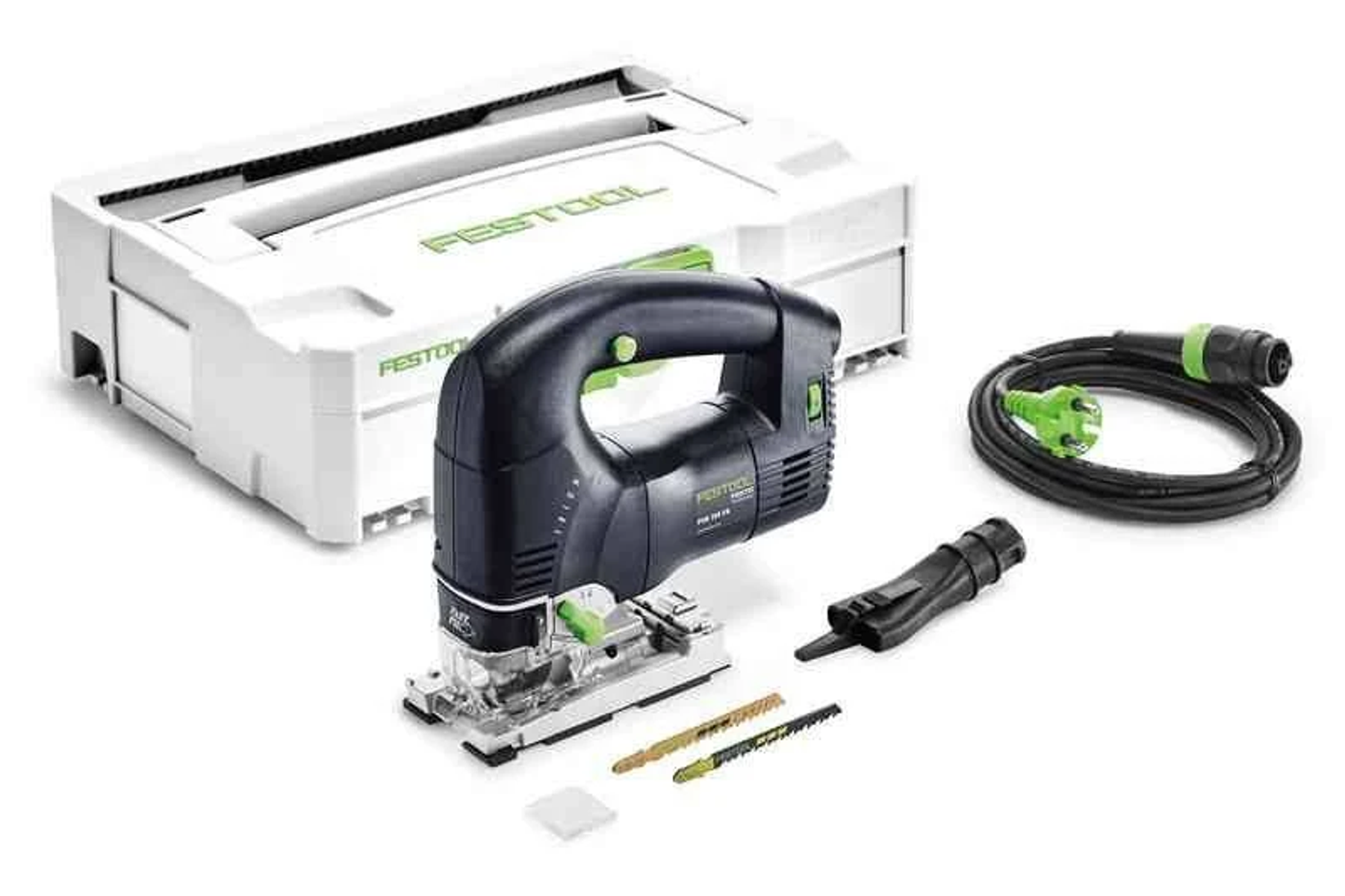Una sierra de calar negra y verde con accesorios, y una caja de transporte Festool blanca.