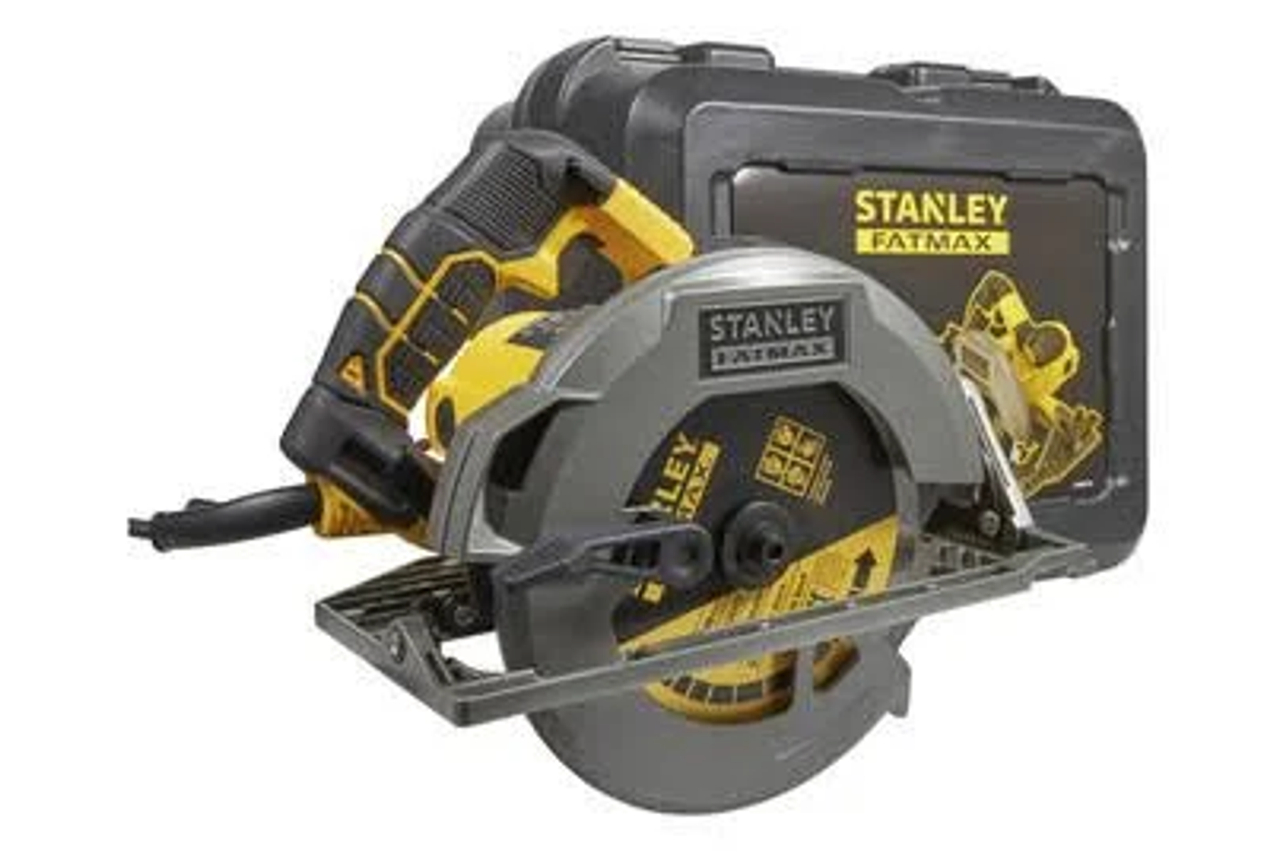 Een cirkelzaag met zwarte handgreep en koffer. Het heeft gele en zilveren details. Het merk is Stanley.