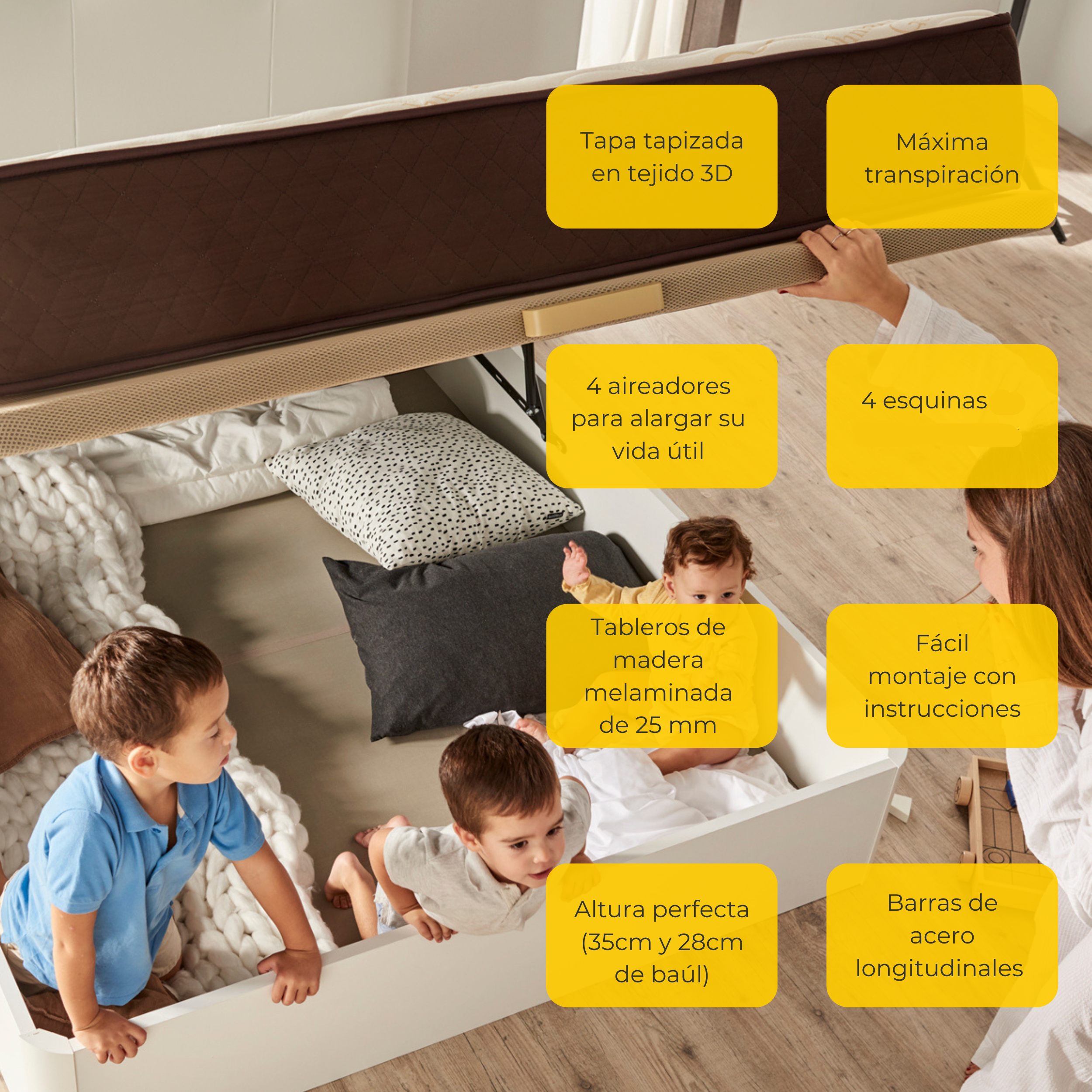 Niños mirando en una cama. Cama tiene almacenaje con etiquetas amarillas. Mujer en bata blanca.