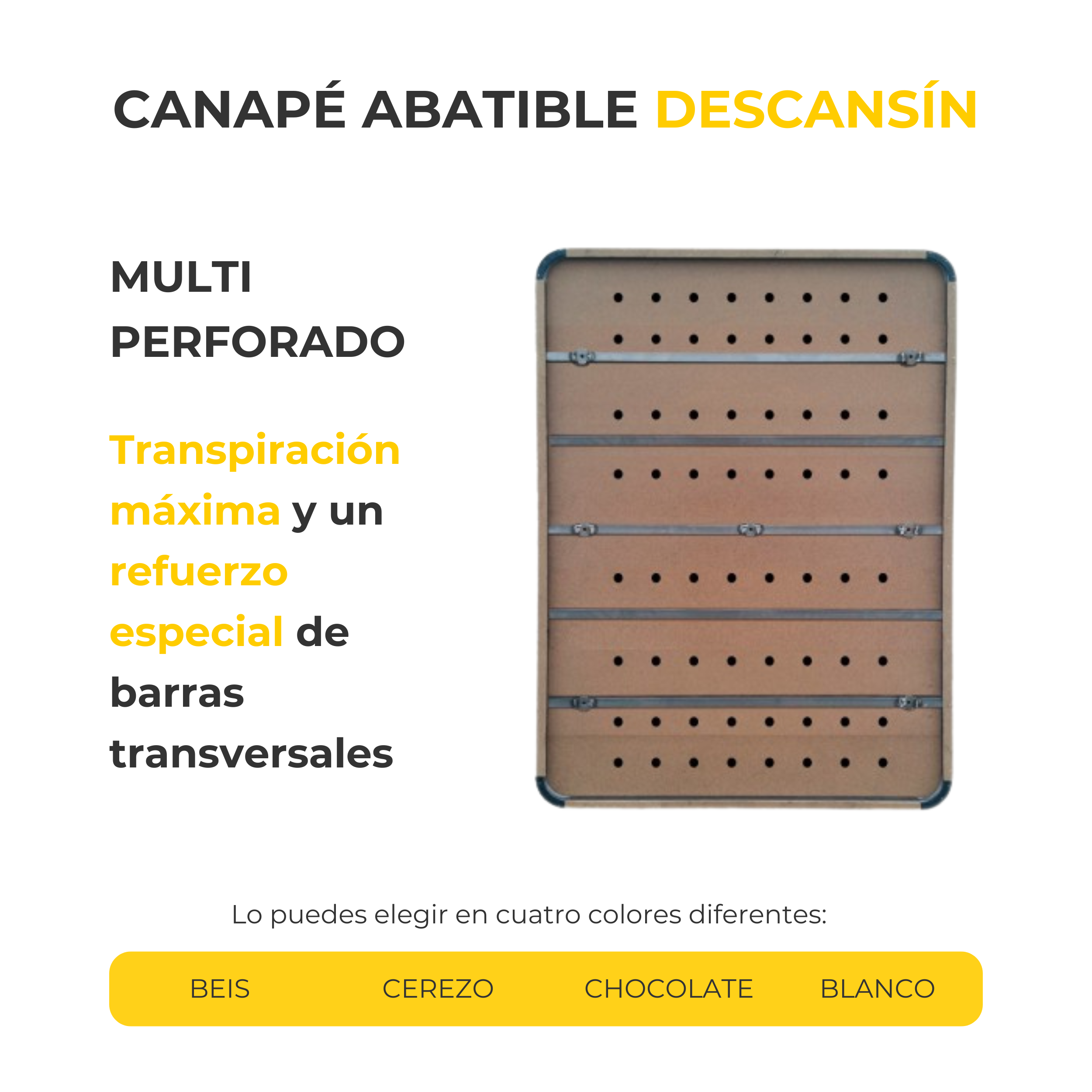 Base de cama perforada marrón con texto que describe sus características y opciones de color.