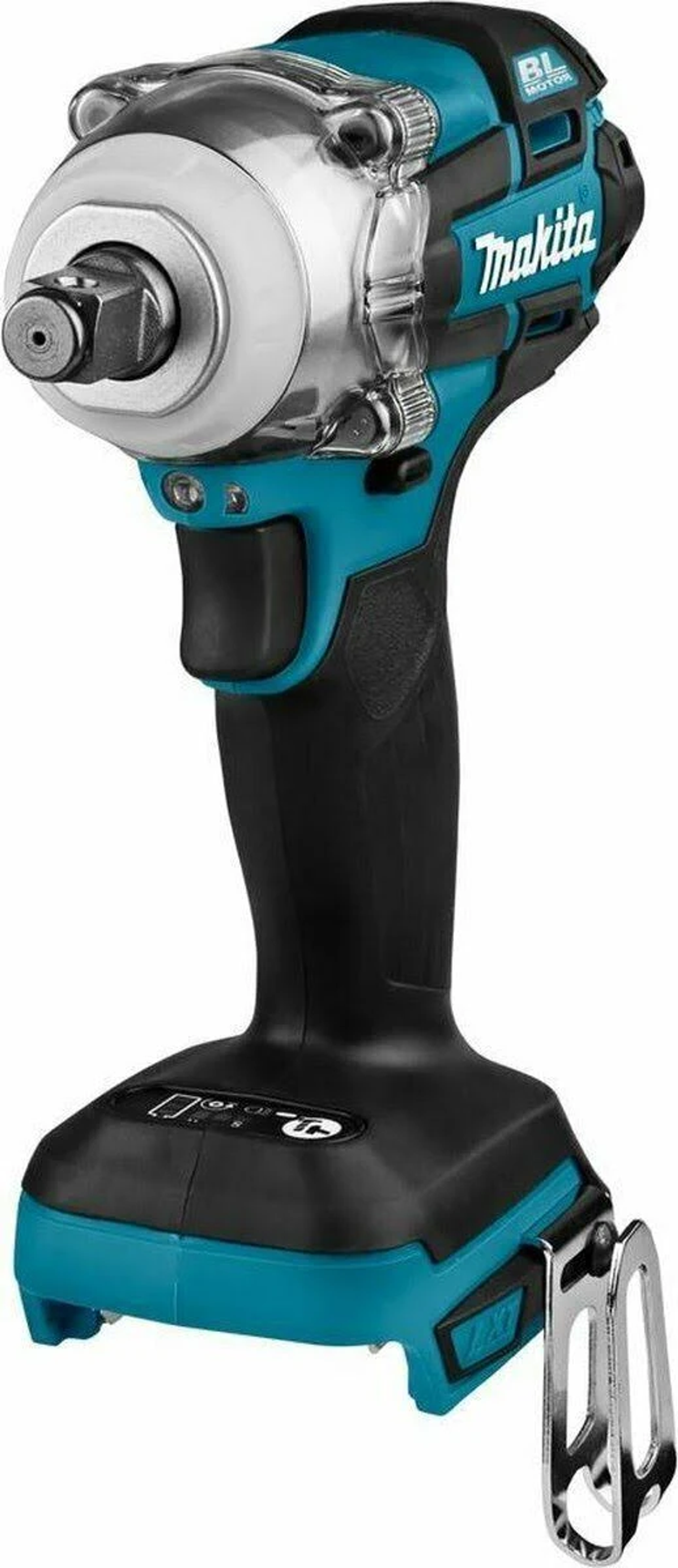 Llave de impacto Makita negra y verde azulado con cabezal plateado y mango negro.