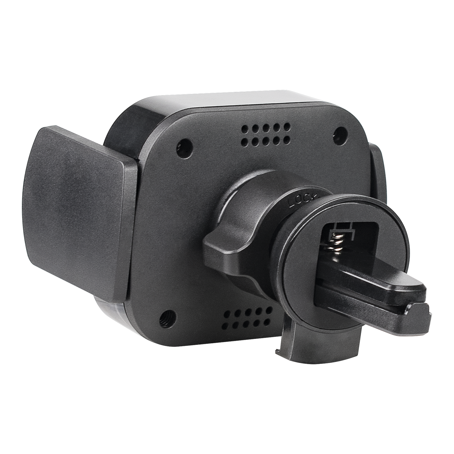 Soporte negro para teléfono de coche, inclinado hacia la cámara. Tiene un clip ajustable.