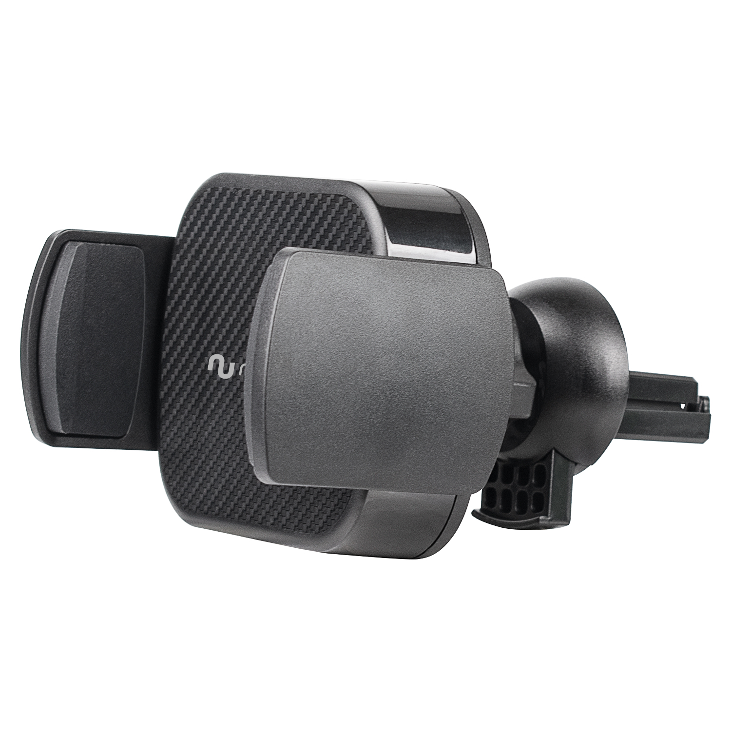 Un soporte negro para teléfono de coche con patrón de fibra de carbono y clip de ventilación.