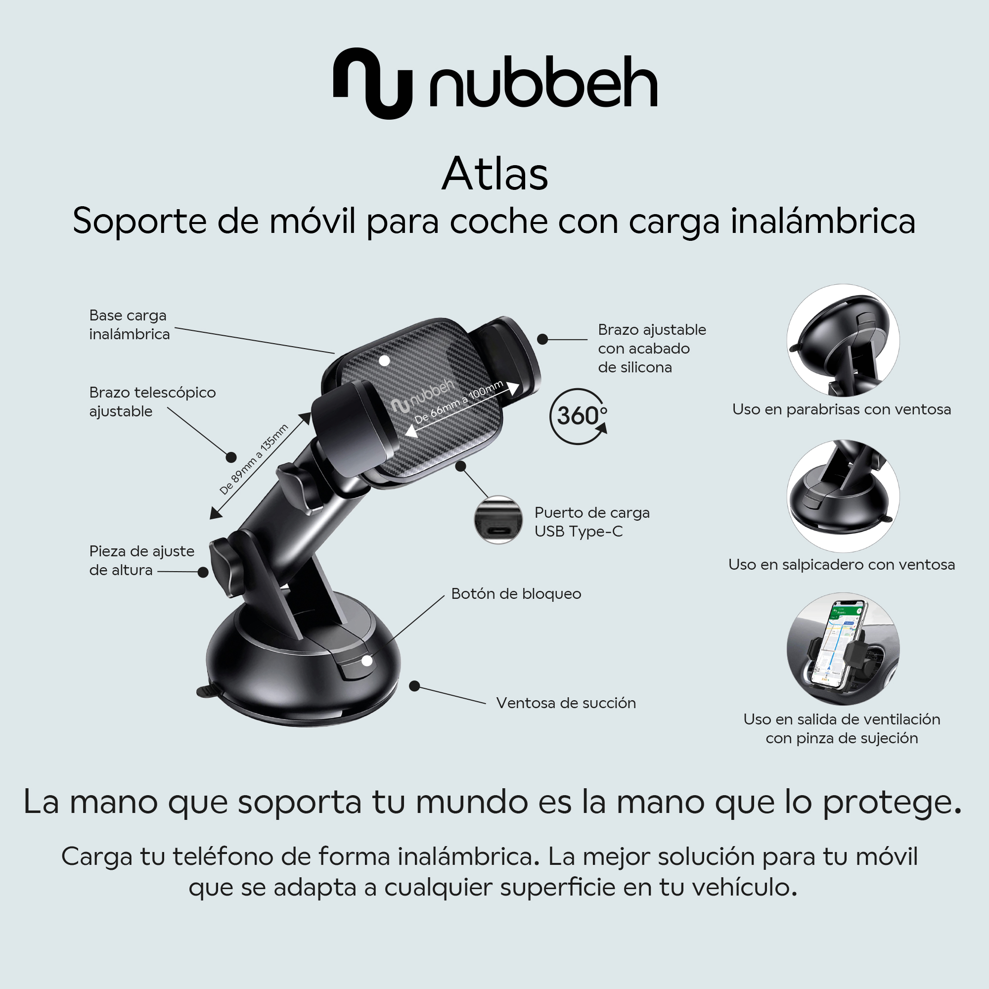 Soporte negro para teléfono de coche con múltiples opciones de ajuste y ventosa para montaje.