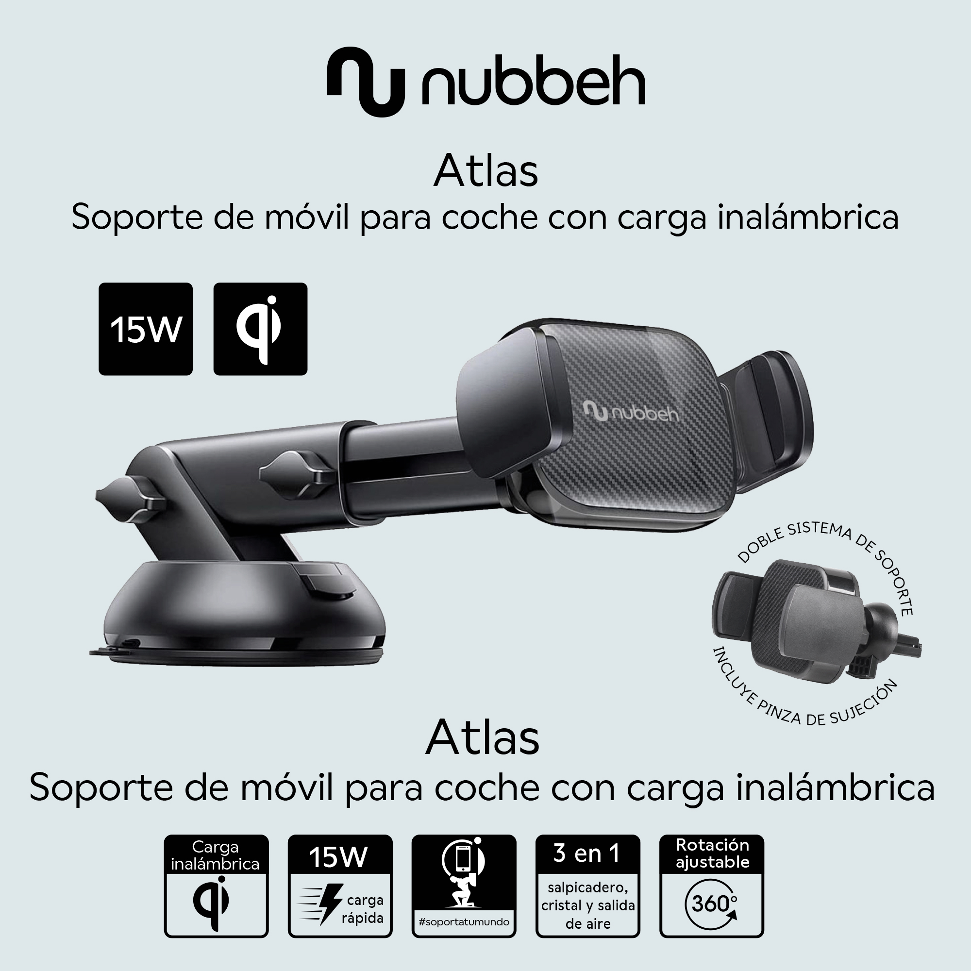 Soporte para teléfono de coche, negro con múltiples ajustes.