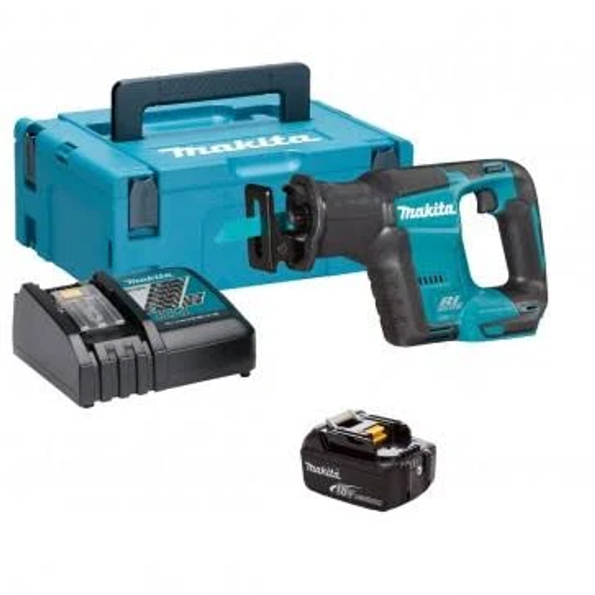 Una sierra recíproca Makita color turquesa con batería y cargador en una caja turquesa.