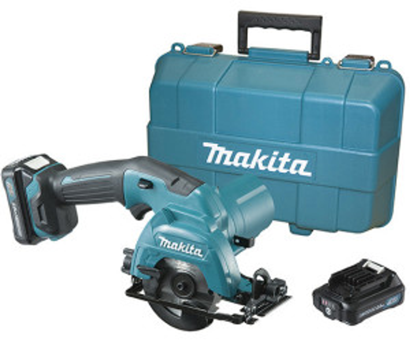 Sierra circular Makita azul, batería y maletín sobre fondo blanco.