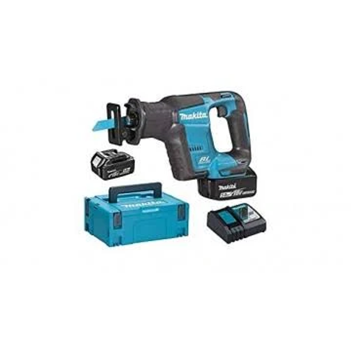 Sierra recíproca Makita azul y negra con batería, cargador y caja de herramientas.