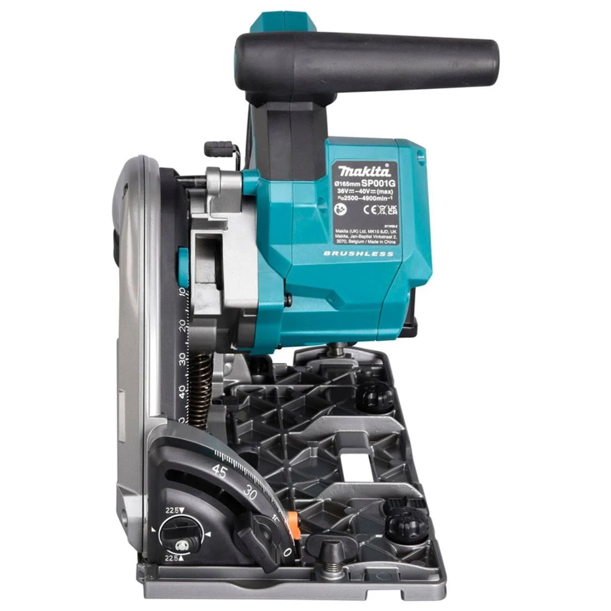 Eine teal- und schwarze Makita-Kreissäge, abgewinkelt, mit schwarzem Griff und silberner Basis.