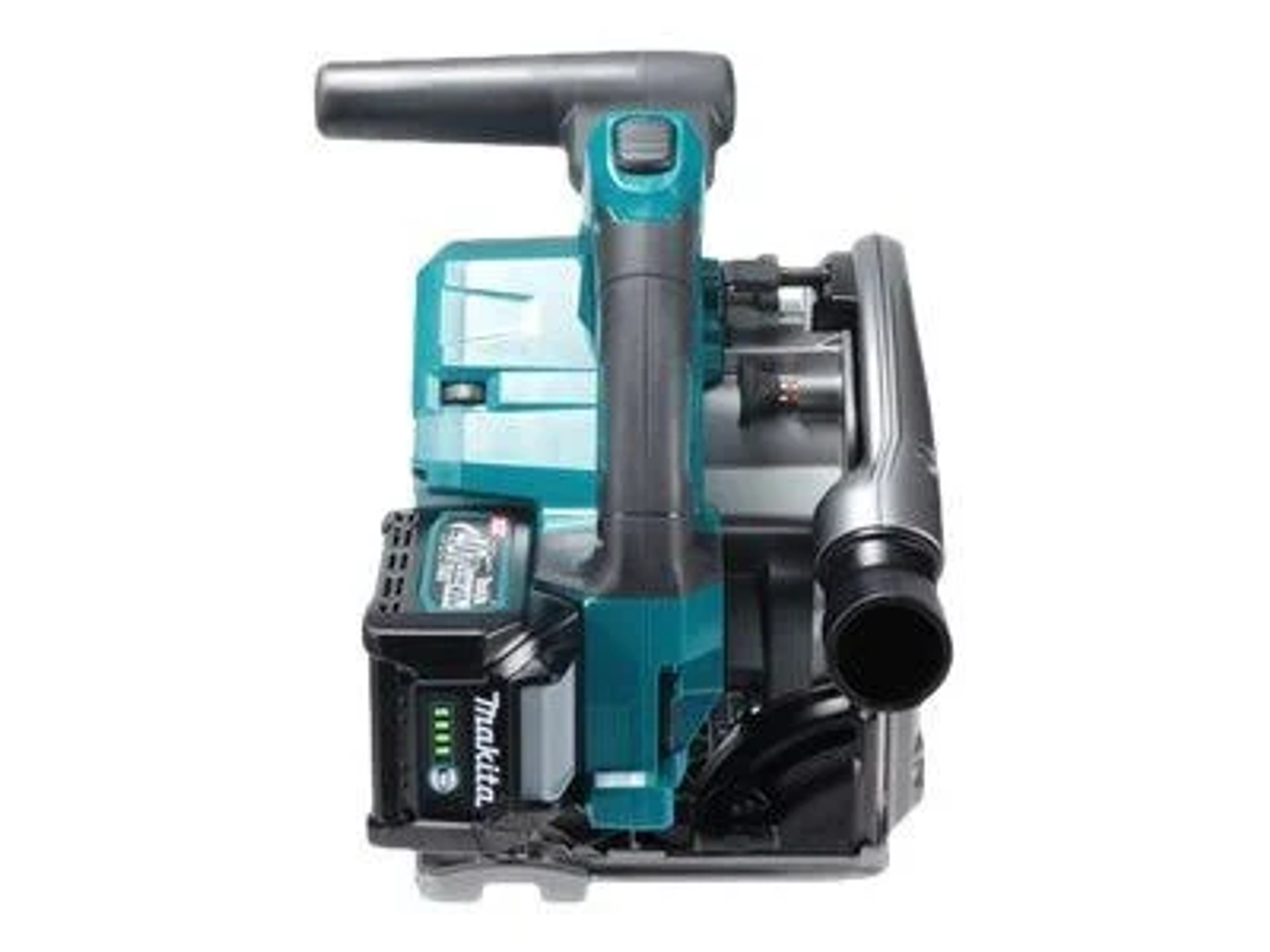 Ein türkisblaues und schwarzes Makita Elektrowerkzeug, mit Griff und Akku, isoliert auf Weiß.