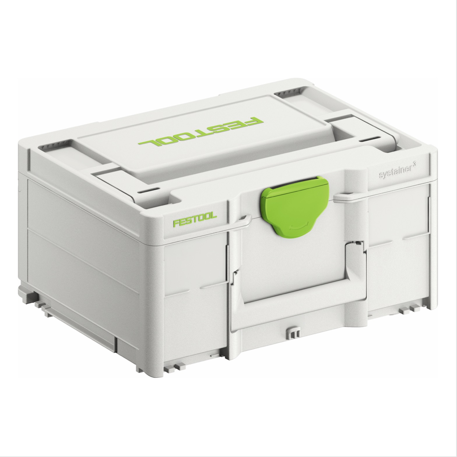 Biało-zielone pudełko do przechowywania narzędzi z zieloną zasuwką i marką FESTOOL.