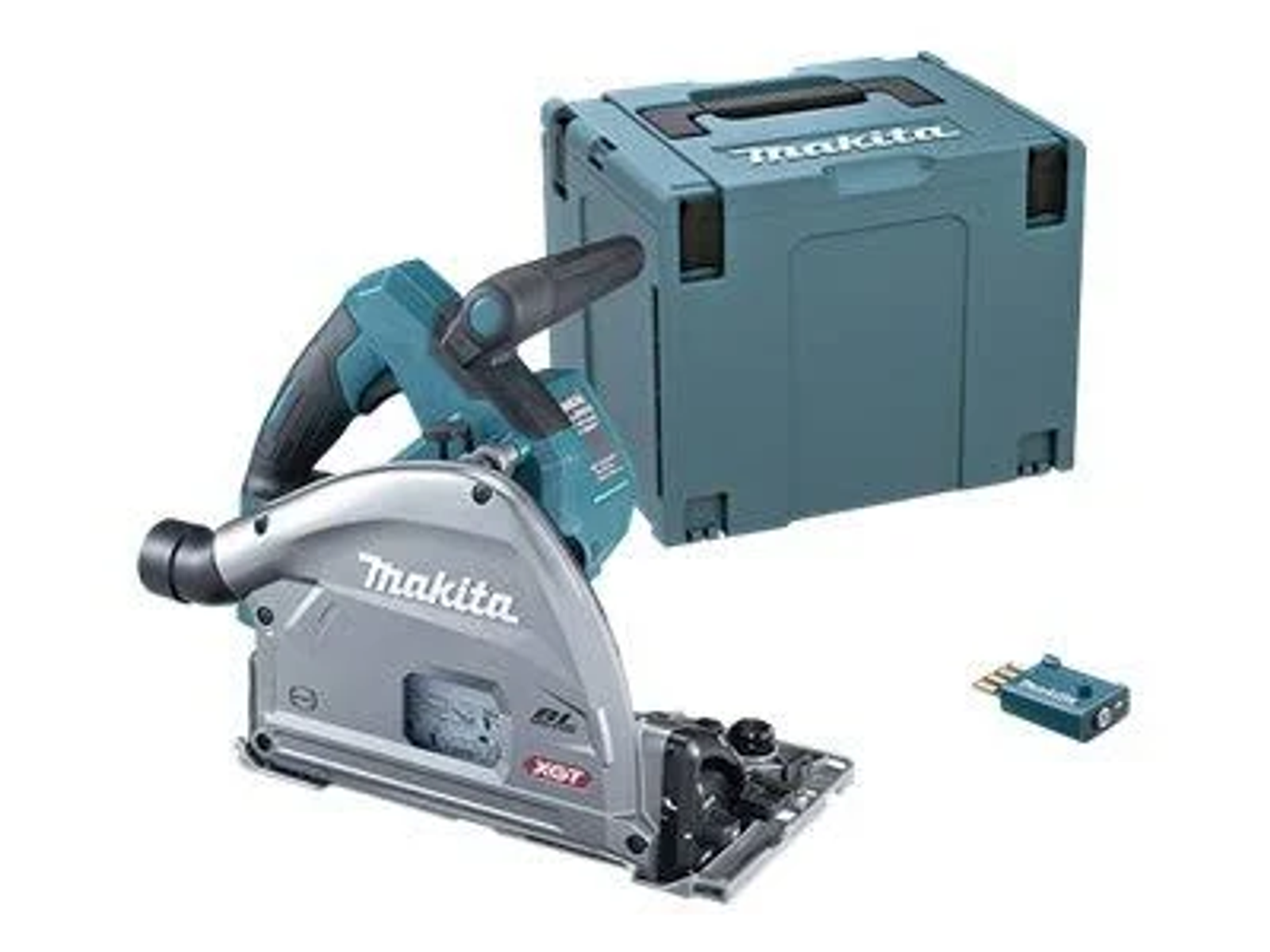 Makita Kreissäge mit Koffer und Akku auf weißem Hintergrund.