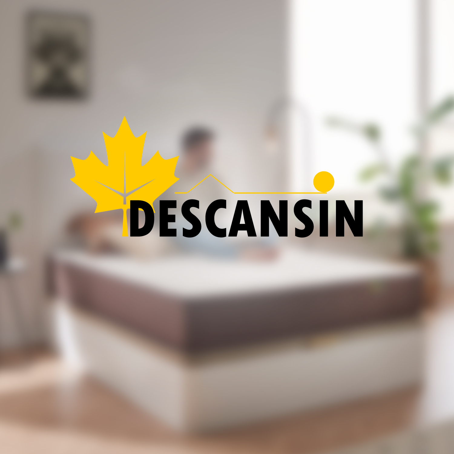 Logotipo de una marca de colchones con una persona durmiendo en la cama al fondo.