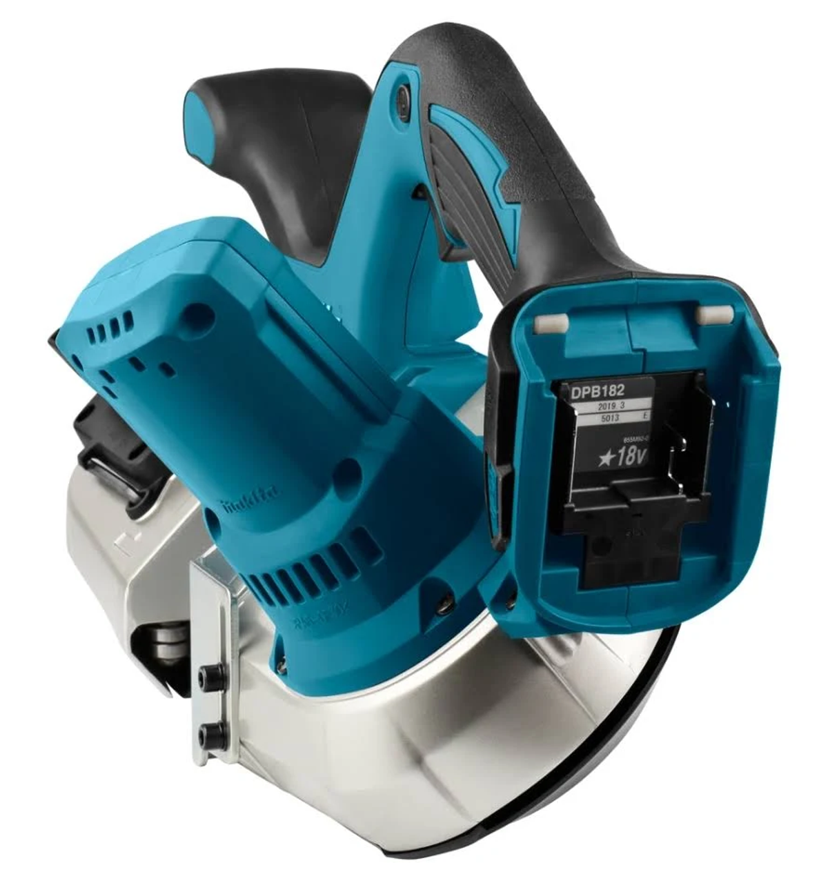 Ein blaues und schwarzes Elektrowerkzeug in einem Winkel. Es ist vor weißem Hintergrund, mit einem Batteriefach.