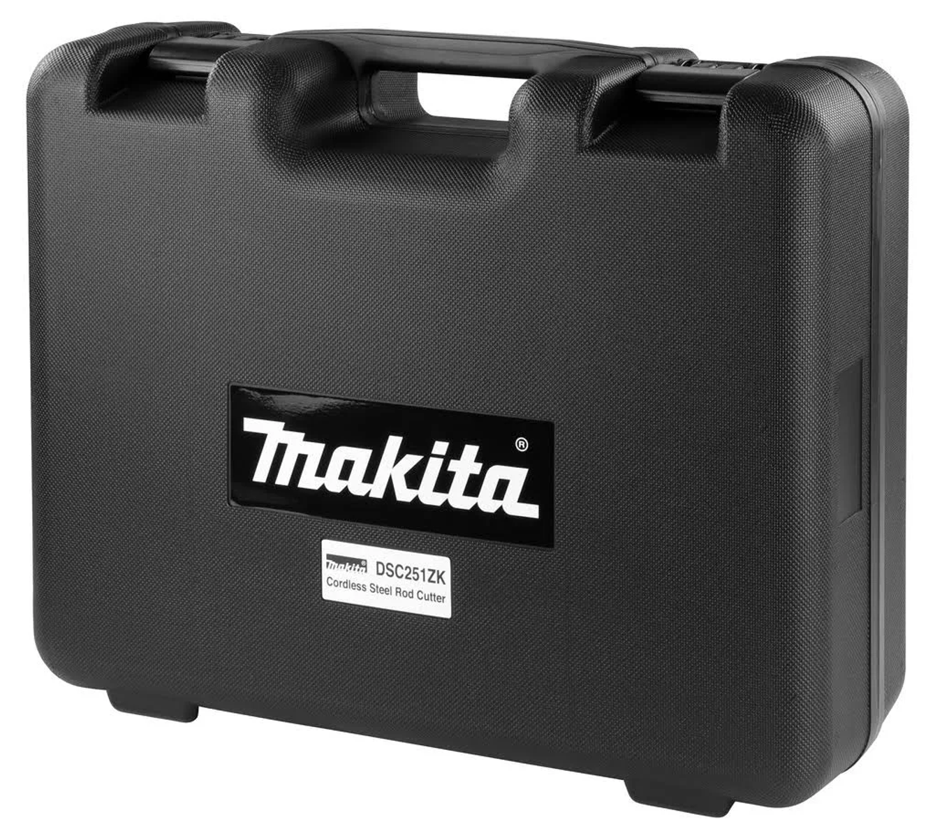 Ein schwarzer Makita Werkzeugkoffer mit Makita-Logo und Produktetikett.