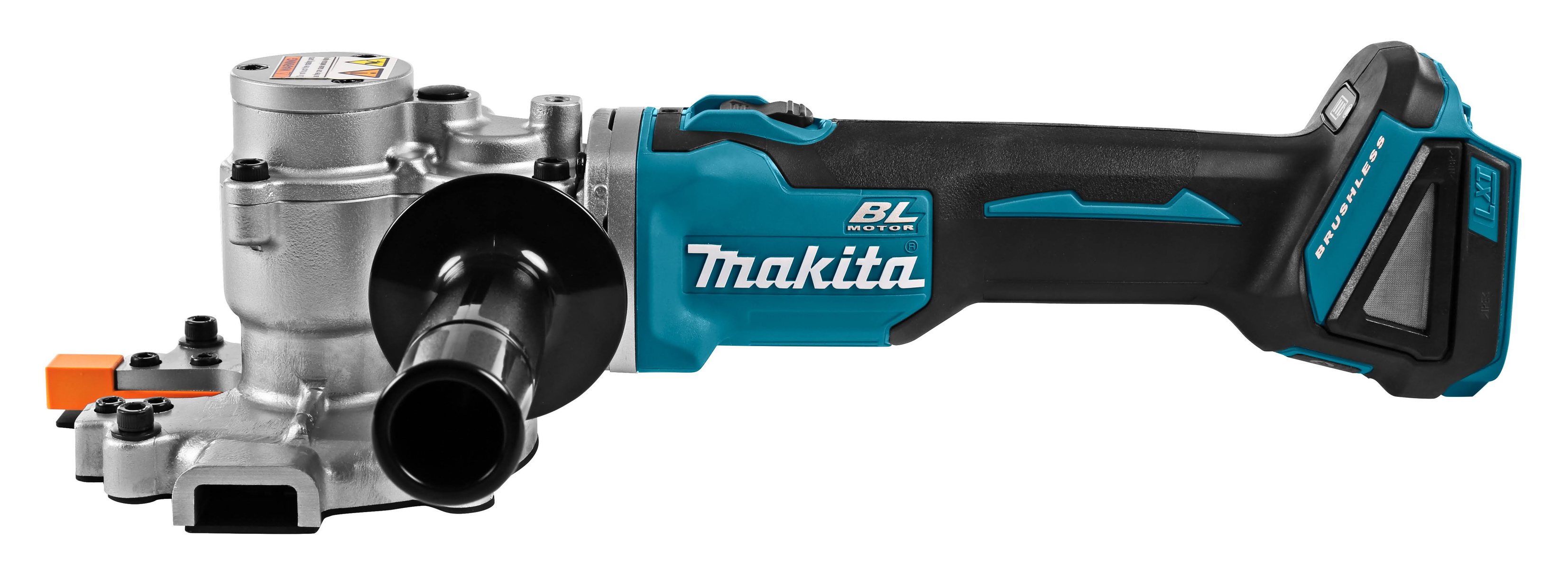 Makita Akku-Blechschere, schwarz und blaugrün, mit langem Griff.