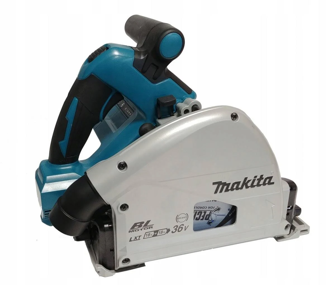 Una sierra circular Makita de color verde azulado y gris. Está sobre un fondo blanco. El nombre Makita es visible.