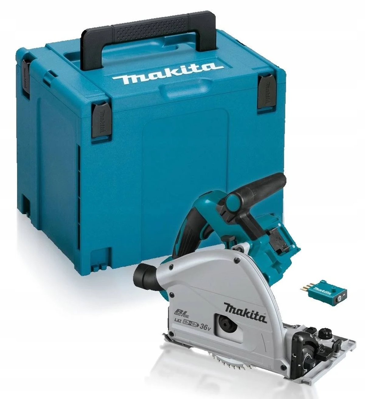 Sierra circular Makita, caja turquesa y estuche, con batería de 36V.