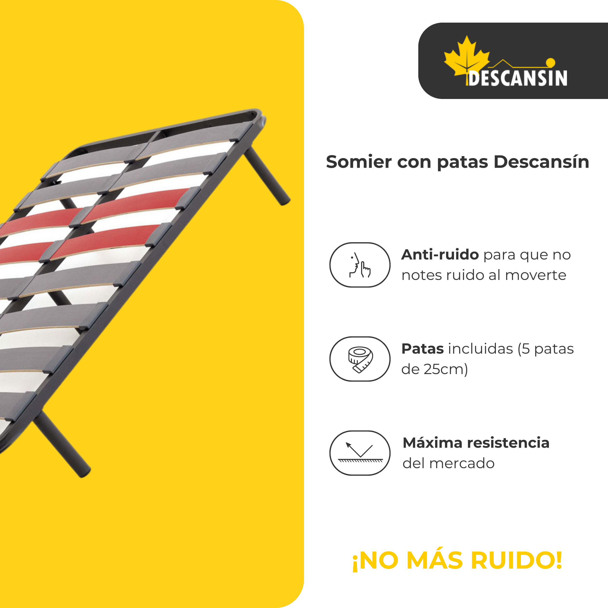 Un somier con fondo amarillo y texto que describe características y beneficios.