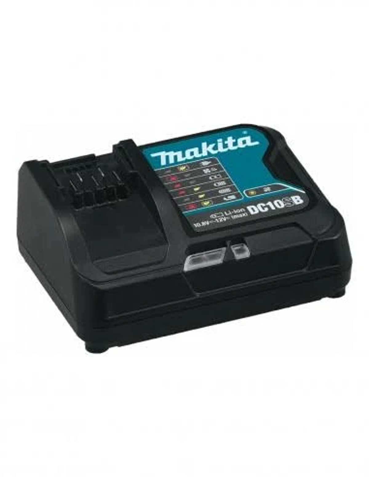 Un cargador de batería Makita DC10SB negro con un acento verde azulado y una pantalla de estado de carga.