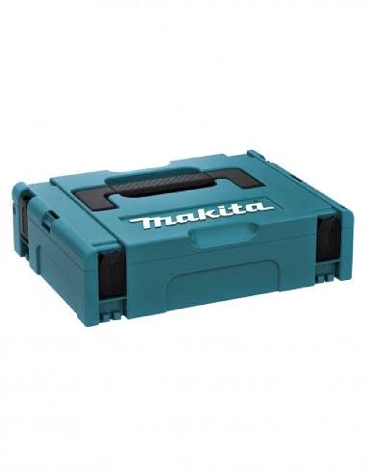 Una caja de herramientas Makita turquesa con asa y logotipo negros.
