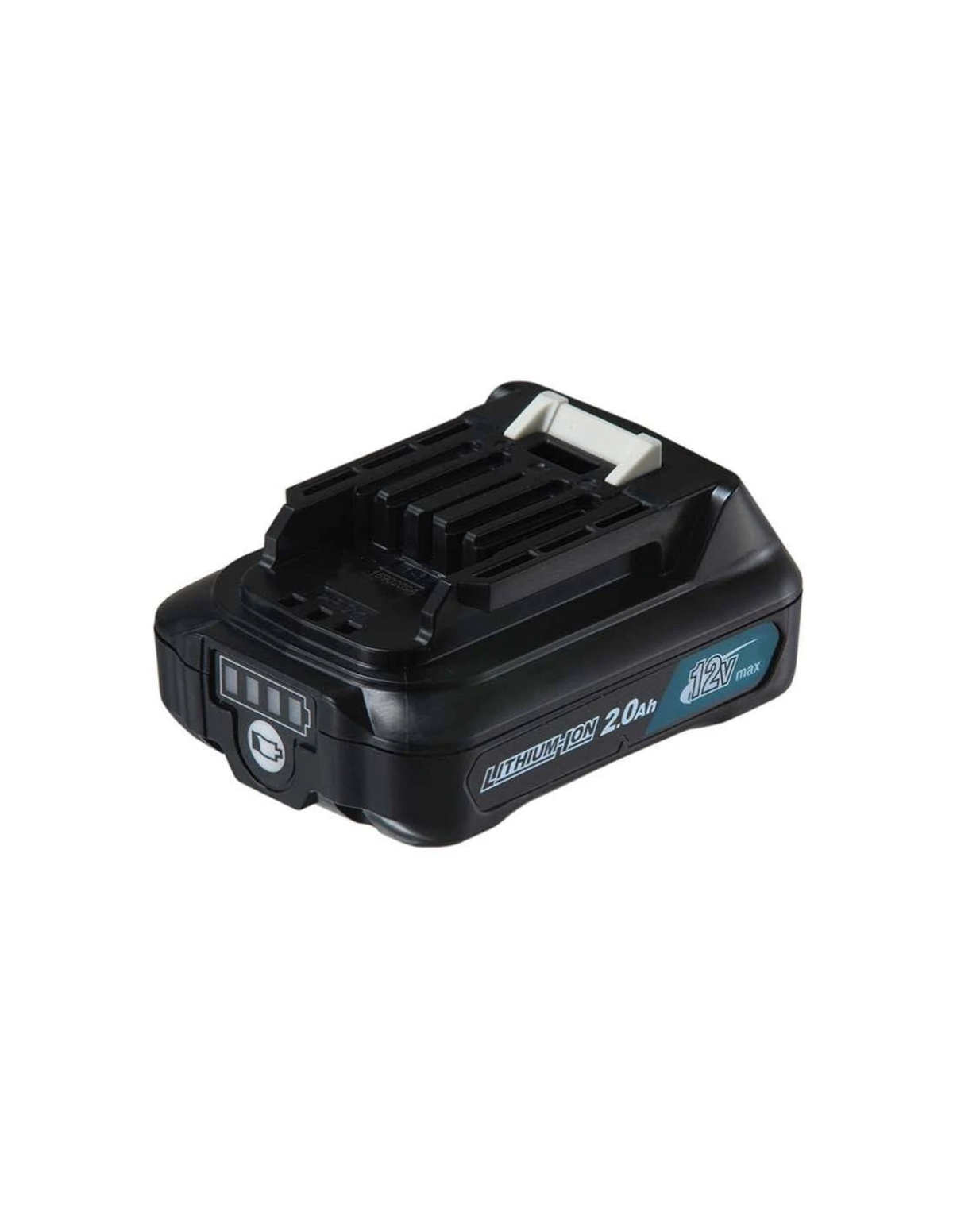 Una batería recargable negra y turquesa de 12 V de iones de litio para una herramienta eléctrica.