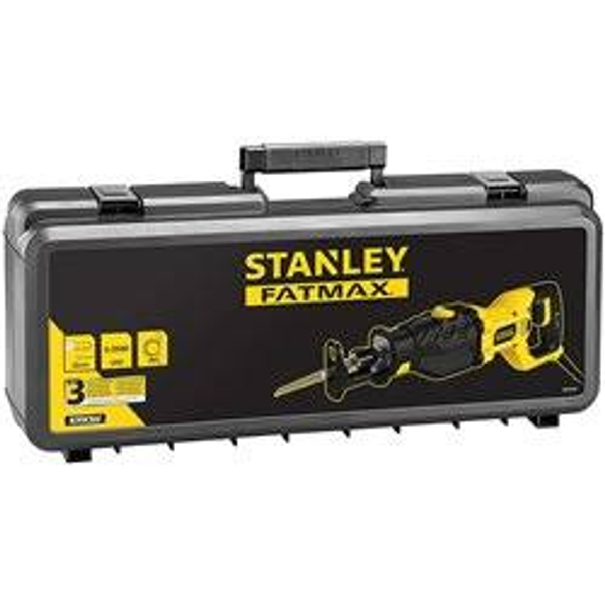 Ein schwarz-gelber Stanley Fatmax Werkzeugkoffer mit einer Säge, auf weißem Hintergrund.