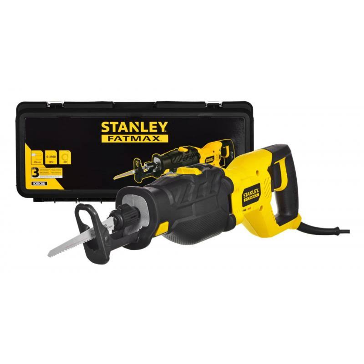 Gelb-schwarze Stanley Fatmax Säbelsäge mit schwarzem Koffer. Weißer Hintergrund.