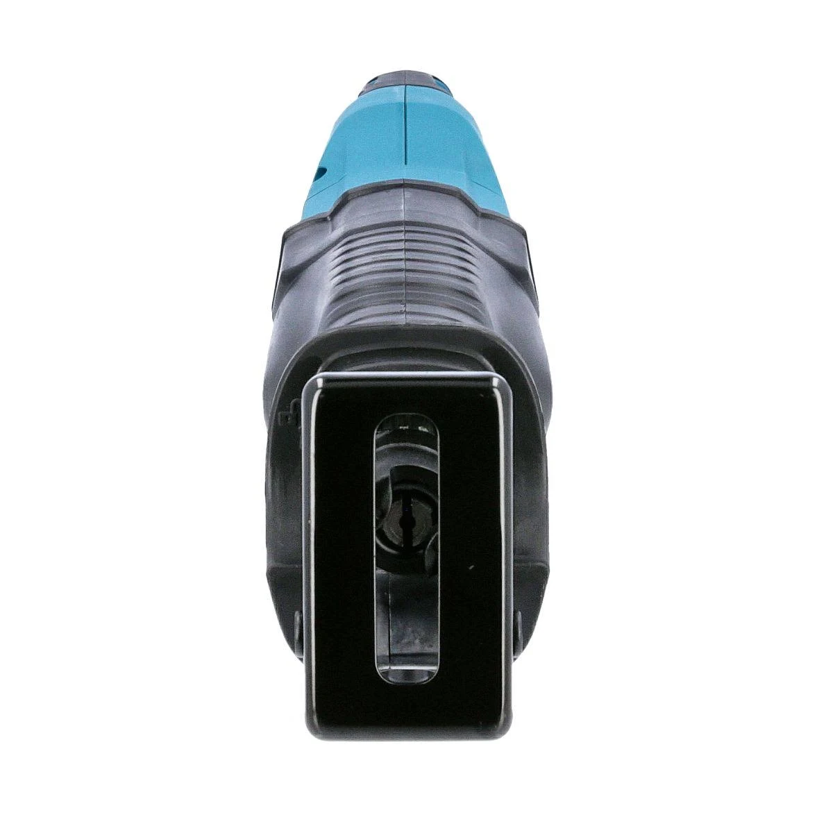 Czarno-turkusowa piła szablasta, widok z góry, na białym tle.