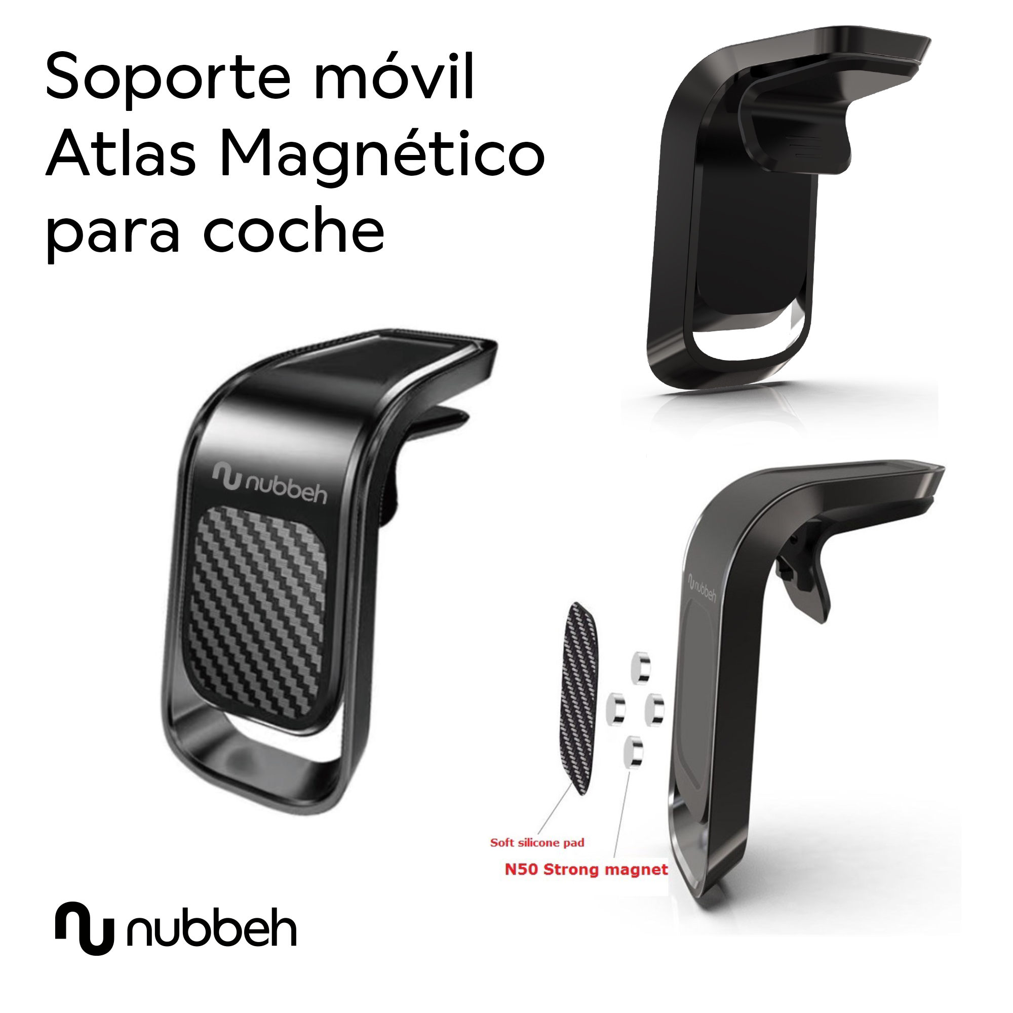 Soporte magnético negro para teléfono de coche. Componentes: cuerpo, superficie fibra carbono, imanes.