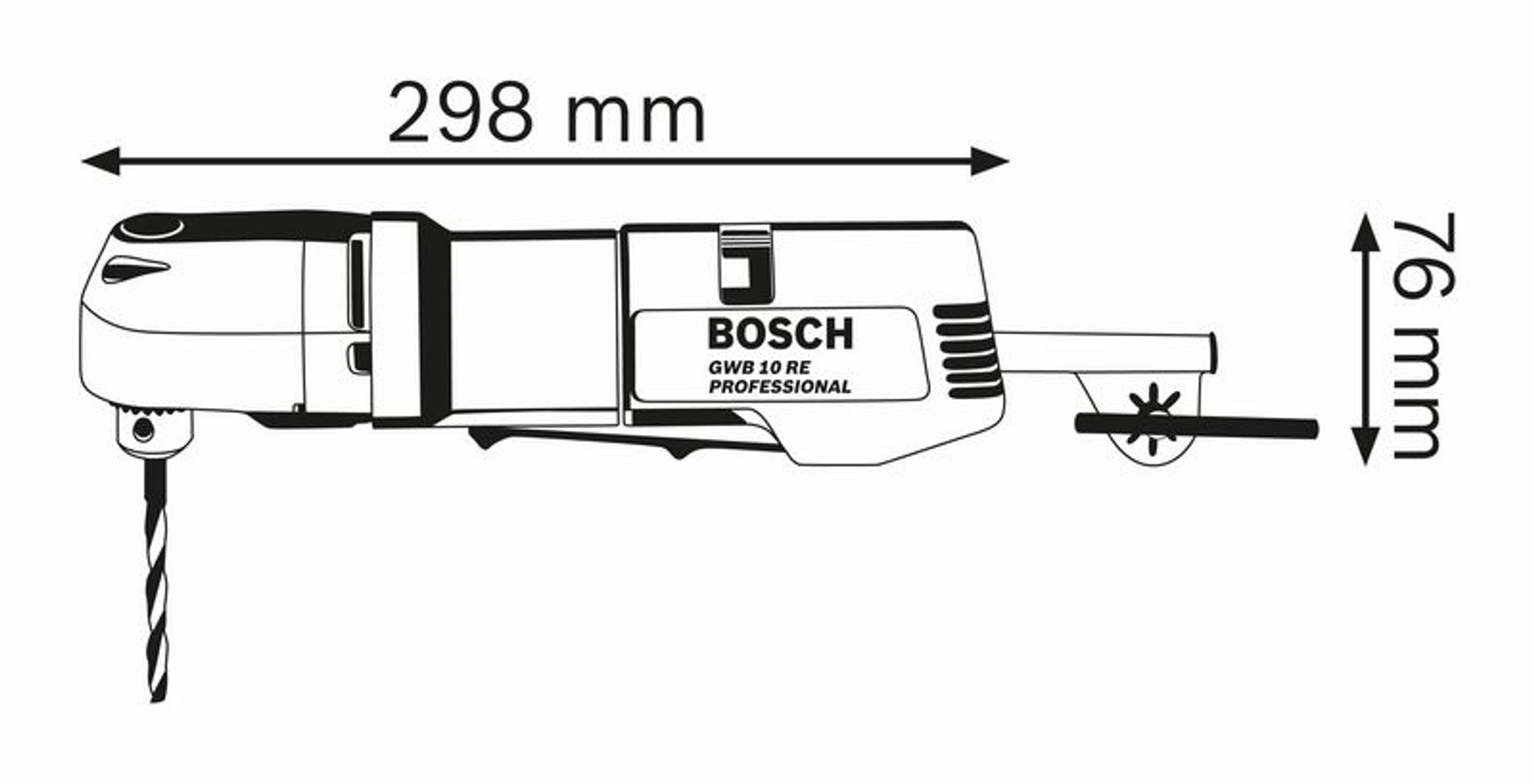 Bosch-Bohrmaschine mit Größenangabe: 298 mm Länge und 76 mm Höhe, weißer Hintergrund.