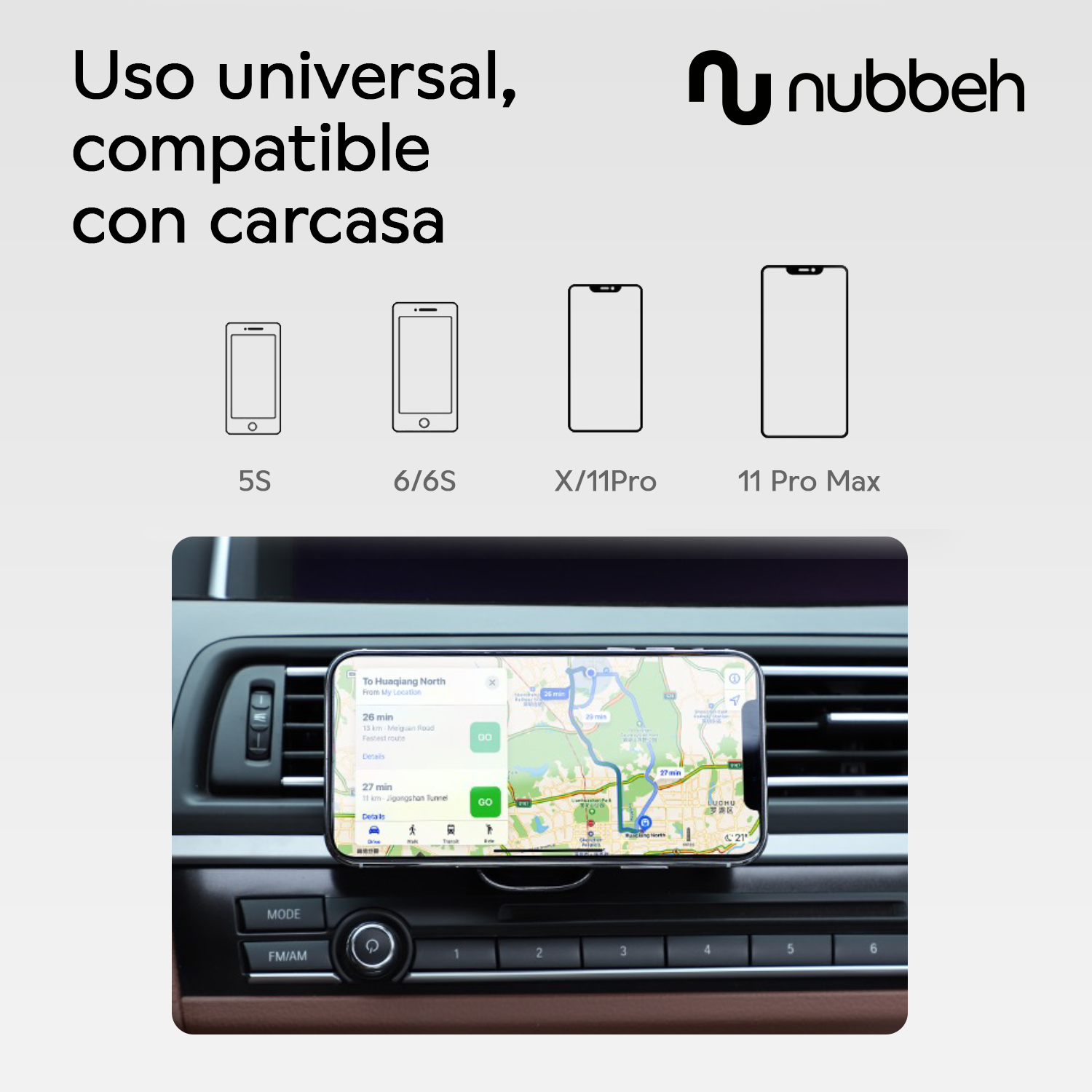 Un teléfono en un soporte para automóvil muestra un mapa. Texto: Uso universal, compatible con funda.
