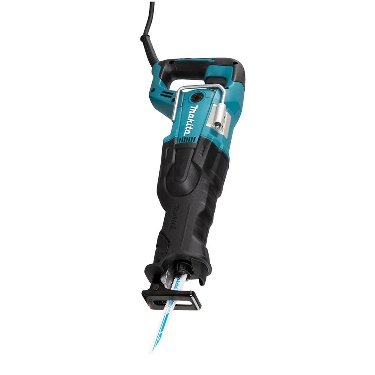 Eine blau-schwarze Makita Säbelsäge mit einer schwarzen Klinge, die nach unten zeigt. Weißer Hintergrund.