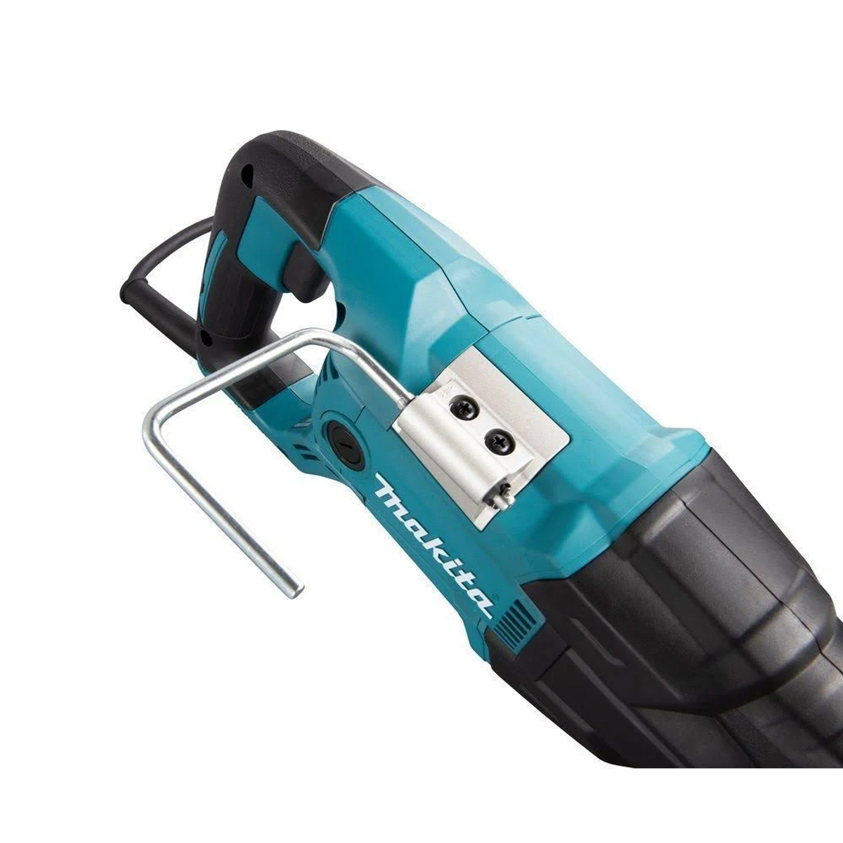 Türkis-schwarze Makita Säbelsäge mit silbernem Blattschutz.