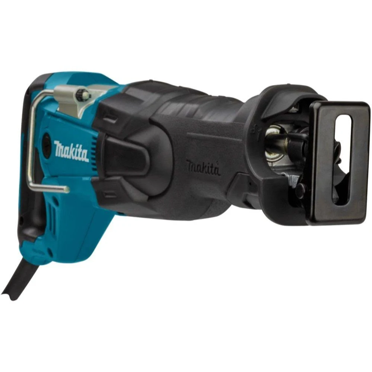 Eine Makita Säbelsäge. Sie ist teal und schwarz mit einem schwarzen Griff.