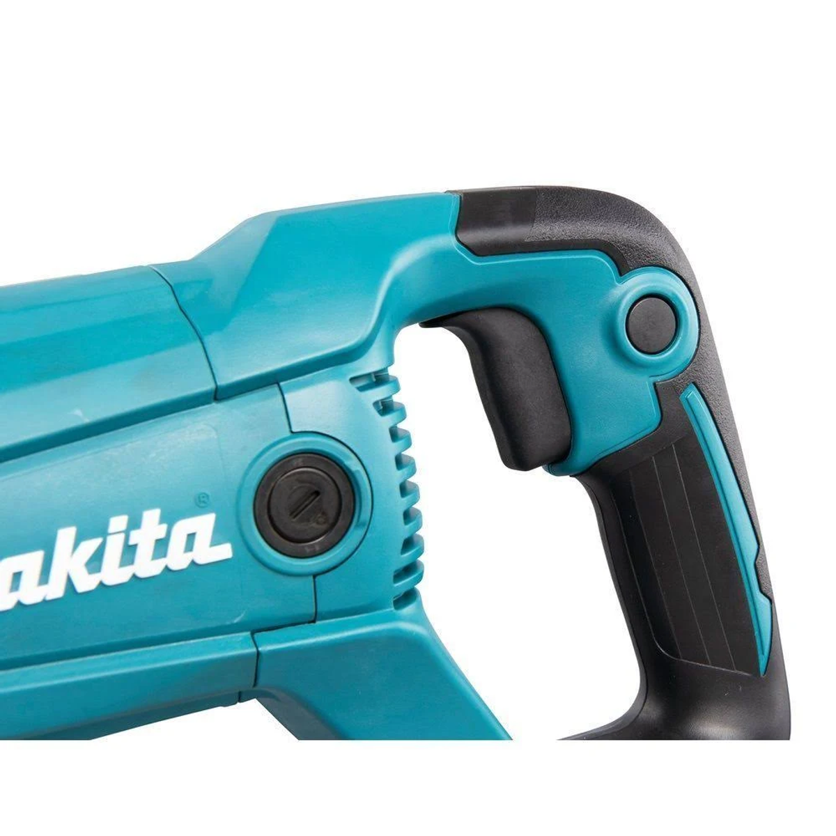 Nahaufnahme eines teal- und schwarzen Elektrowerkzeuggriffs mit dem Markennamen 'Akita'.