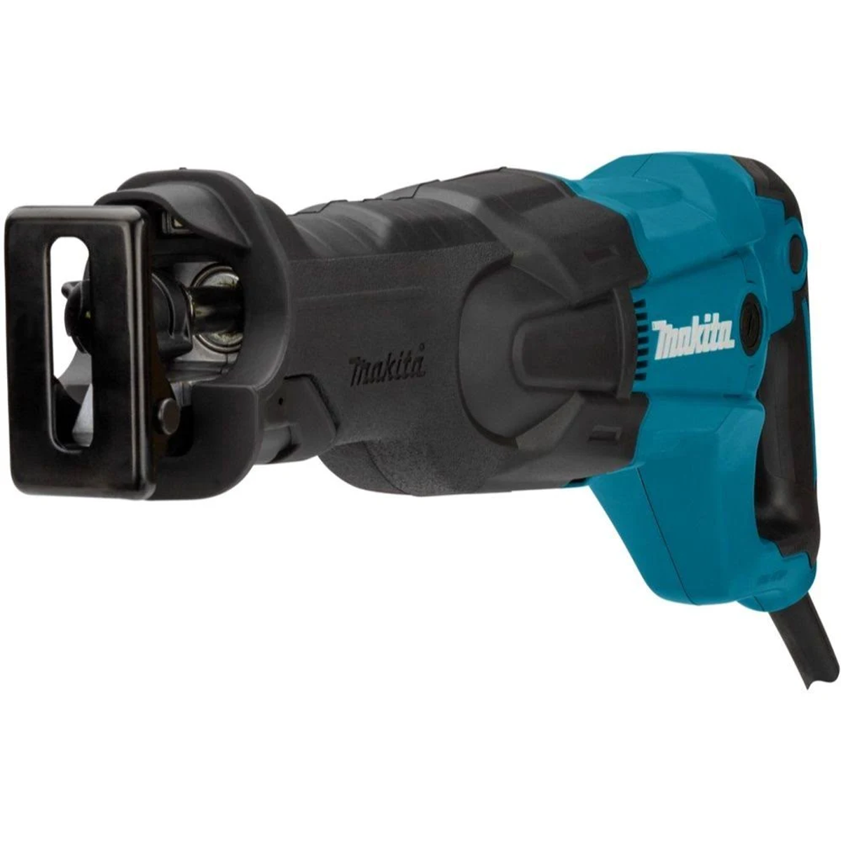 Makita Säbelsäge, schwarz und blaugrün, auf weißem Untergrund. Makita Logo sichtbar.