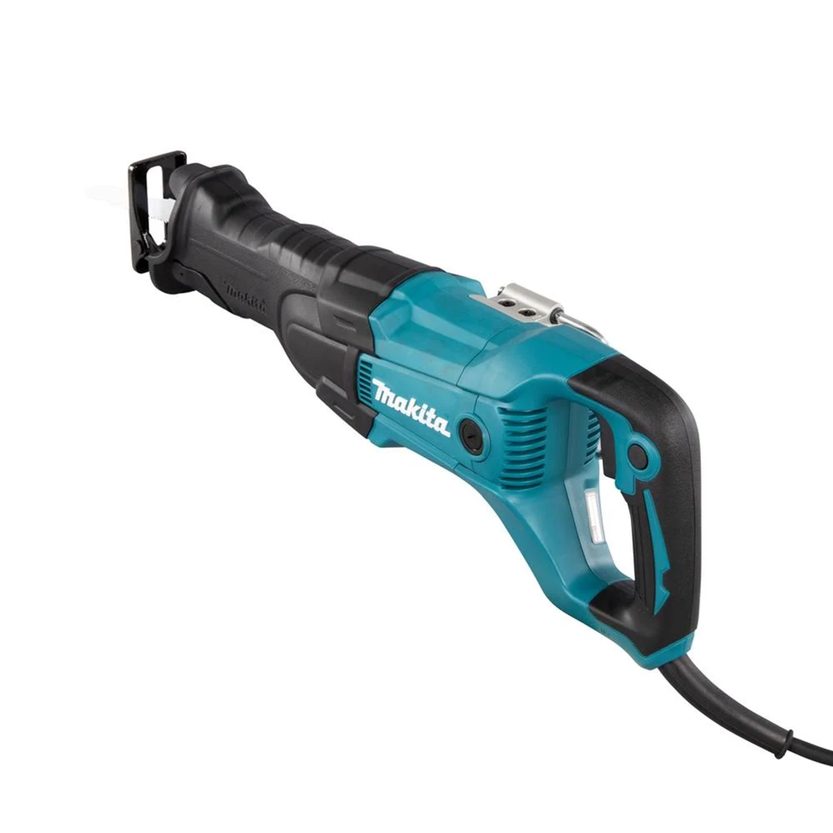 Eine türkis-schwarze Säbelsäge mit der Marke Makita. Das Werkzeug befindet sich auf weißem Hintergrund.